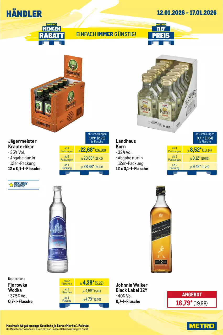 Aktueller Prospekt Metro - Wochen-Angebote Händler - von 12.01 bis 17.01.2026 - strona 7 - produkty: angebot, black label, desperados, eis, flasche, Germ, getränk, getränke, heineken, jägermeister, johnnie walker, korn, kräuter, kräuterlikör, krombache, krombacher, lack, likör, Meister, Palette, pils, pilsner, pilsner urquell, reis, Ti, tiefpreis, wodka