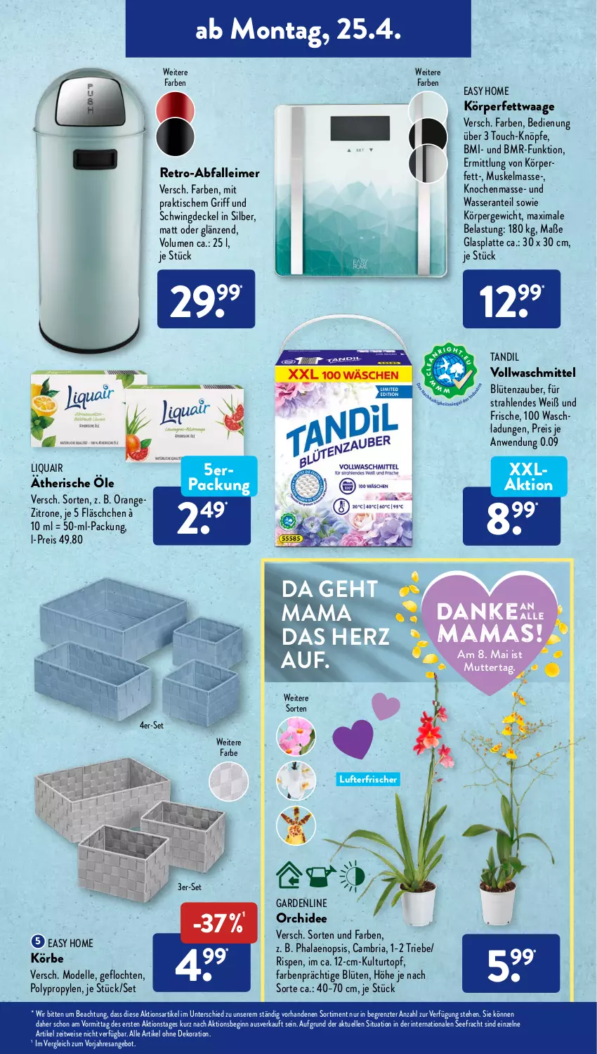 Aktueller Prospekt AldiSud - ALDI Aktuell - von 25.04 bis 30.04.2022 - strona 15 - produkty: Abfalleimer, alle artikel ohne dekoration, angebot, Blüte, decke, Deckel, dekoration, dell, eimer, eis, elle, gin, glasplatte, kulturtopf, latte, leimer, lufterfrischer, mam, Mode, orange, orchidee, phalaenopsis, reis, resa, Ria, Ti, tisch, topf, vollwaschmittel, Waage, waschmittel, wasser, zitrone, ZTE