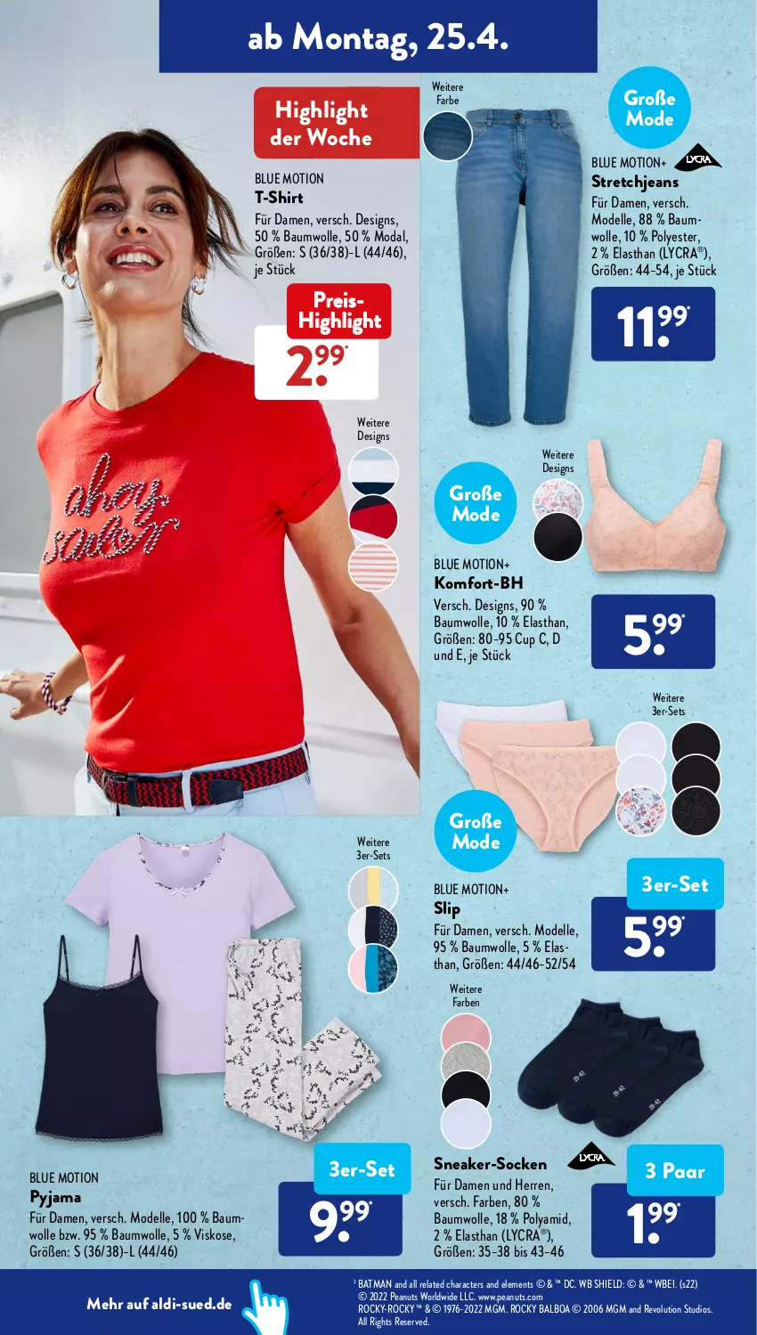 Aktueller Prospekt AldiSud - ALDI Aktuell - von 25.04 bis 30.04.2022 - strona 18 - produkty: aldi, Bau, baumwolle, dell, eis, elle, jeans, Mode, Pyjama, reis, rel, shirt, slip, sneaker, socken, Stretchjeans, T-Shirt, Ti, wolle