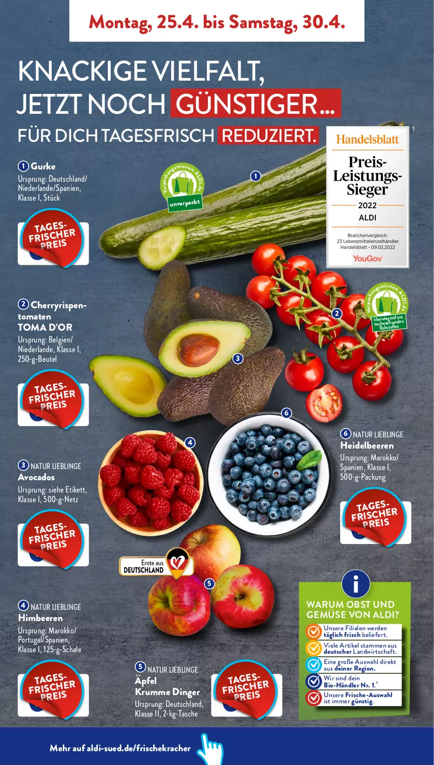 Aktueller Prospekt AldiSud - ALDI Aktuell - von 25.04 bis 30.04.2022 - strona 2 - produkty: aldi, avocado, avocados, beere, beeren, beutel, bio, erde, gurke, heidelbeere, heidelbeeren, himbeer, himbeere, himbeeren, kracher, LG, natur, obst, Obst und Gemüse, rum, Schal, Schale, Tasche, Ti, tomate, tomaten, und gemüse