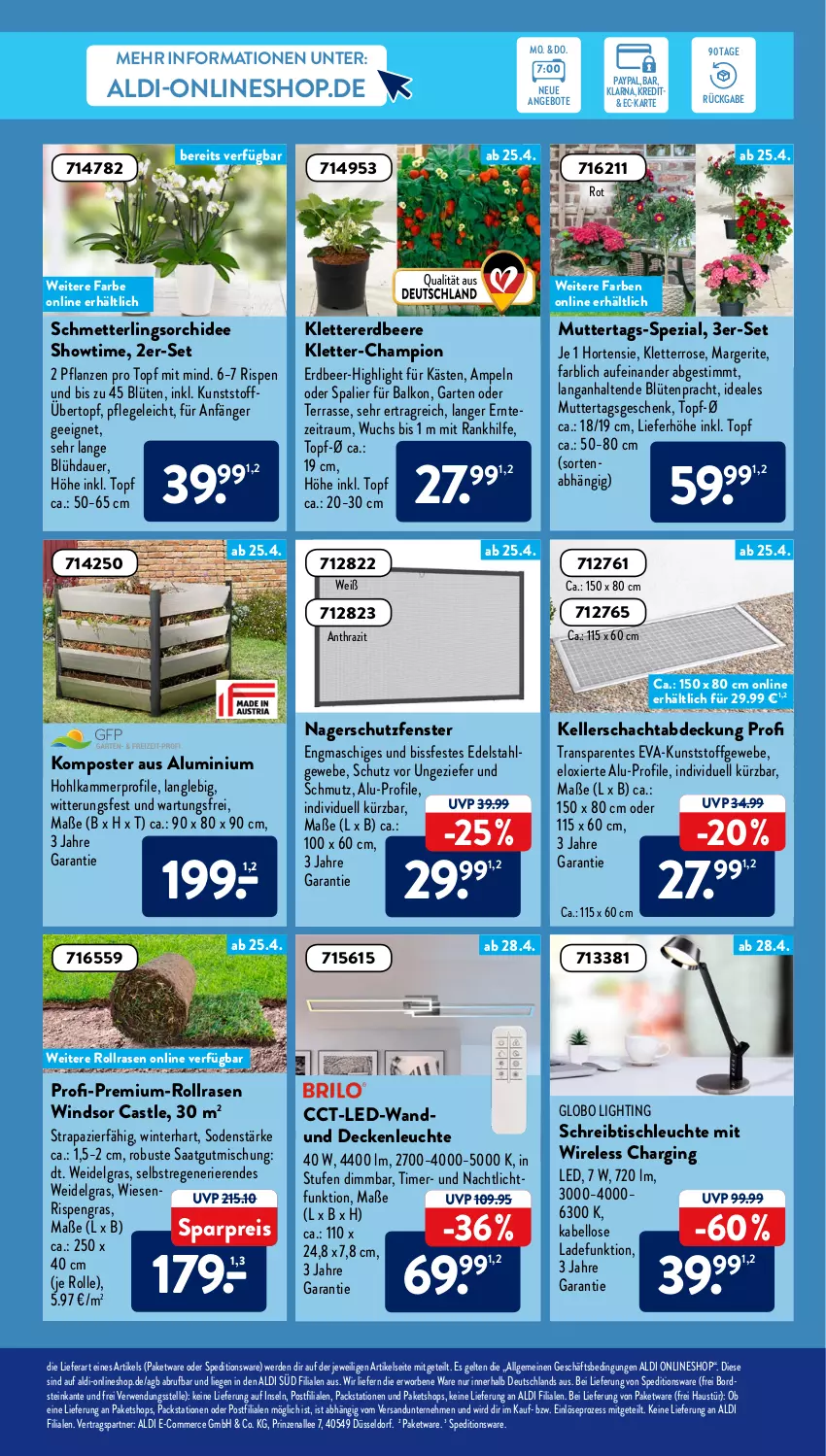 Aktueller Prospekt AldiSud - ALDI Aktuell - von 25.04 bis 30.04.2022 - strona 23 - produkty: aldi, angebot, angebote, auer, aust, beere, Blüte, champion, decke, deckenleuchte, edelstahl, eis, elle, ente, erdbeere, erde, fenster, Garten, gin, hortensie, Komposter, Leuchte, LG, Liege, Mett, Nachtlicht, orchidee, pflanze, pflanzen, rasen, reis, rel, Rollrasen, rwe, Schmetterling, schmetterlingsorchidee, schreibtisch, Spezi, Ti, timer, tisch, tischleuchte, topf, übertopf