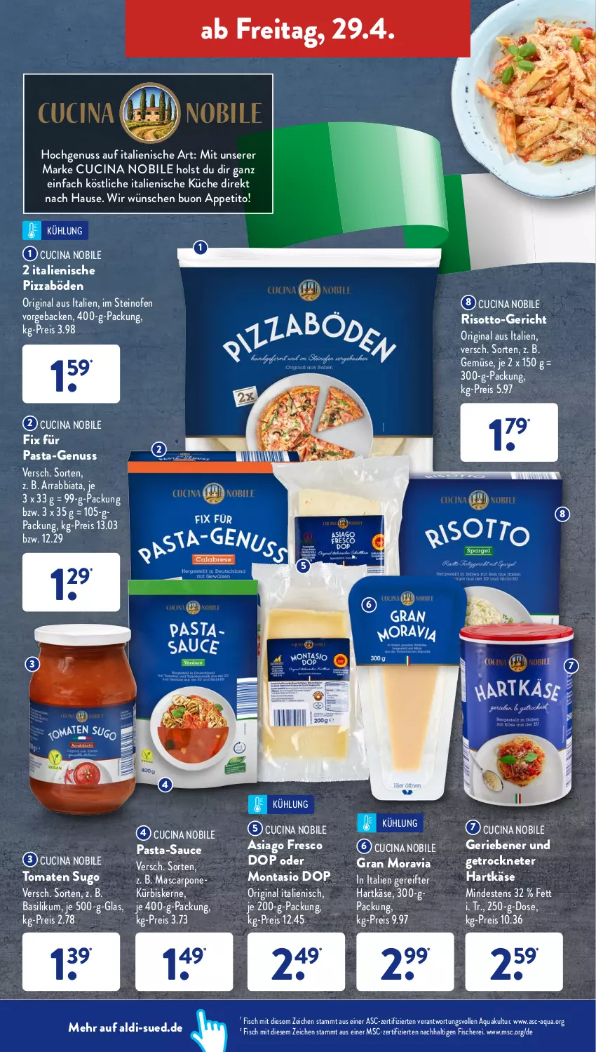 Aktueller Prospekt AldiSud - ALDI Aktuell - von 25.04 bis 30.04.2022 - strona 38 - produkty: aldi, aqua, arrabbiata, basilikum, cin, eis, fisch, fische, Fischer, geback, gin, hartkäse, Käse, küche, Kürbis, kürbiskerne, mascarpone, nuss, Ofen, pasta, pasta-sauce, pizza, reis, risotto, sauce, Schere, steinofen, Sugo, Ti, tomate, tomaten