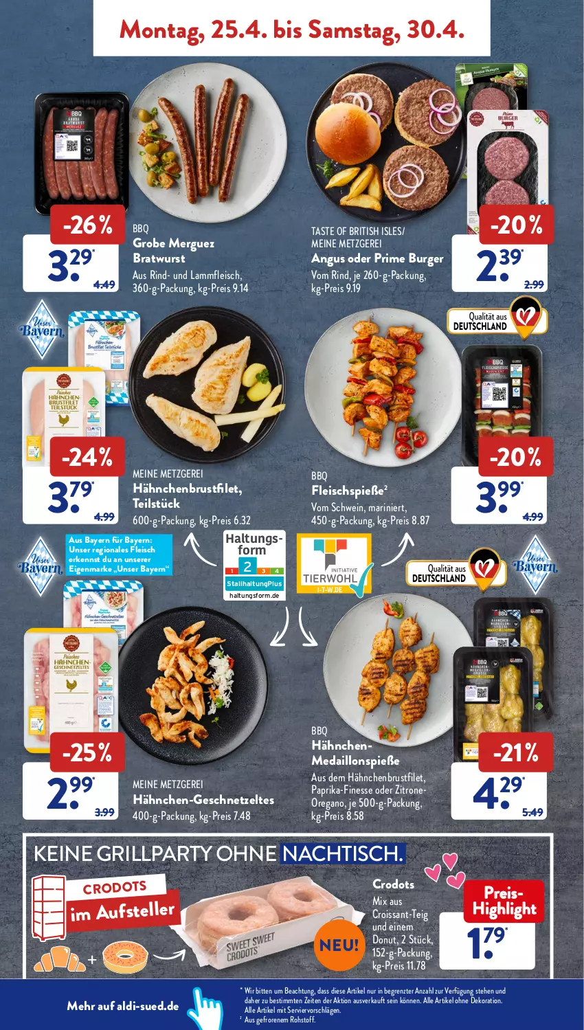 Aktueller Prospekt AldiSud - ALDI Aktuell - von 25.04 bis 30.04.2022 - strona 4 - produkty: aldi, alle artikel ohne dekoration, bratwurst, brustfilet, burger, Croissant, dekoration, Donut, eis, elle, filet, finesse, fleisch, Fleischspieße, geschnetzeltes, grill, hähnchenbrust, hähnchenbrustfilet, lamm, Lammfleisch, medaillons, paprika, reis, rind, schwein, teller, Ti, tisch, wein, wurst, Zelt, zitrone, ZTE