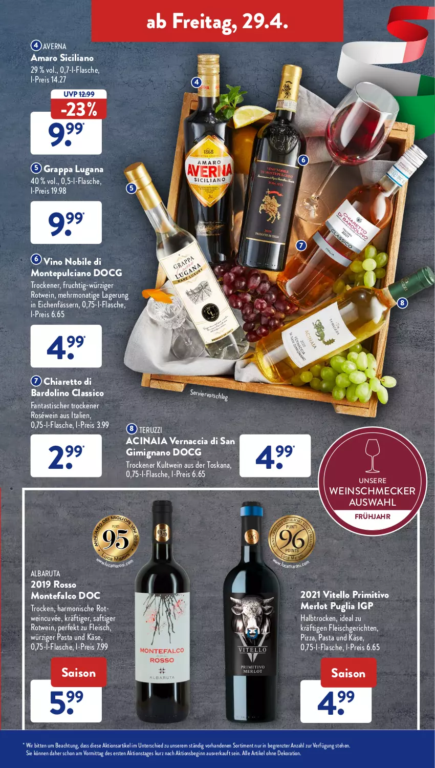 Aktueller Prospekt AldiSud - ALDI Aktuell - von 25.04 bis 30.04.2022 - strona 41 - produkty: ACC, alle artikel ohne dekoration, amaro, asti, averna, chia, cin, classico, cuvée, dekoration, eis, fanta, flasche, fleisch, frucht, gin, grappa, Käse, merl, merlot, monati, monte, Montepulciano, pasta, pizza, primitivo, reis, roséwein, rotwein, saft, tefal, Ti, tisch, wein, ZTE