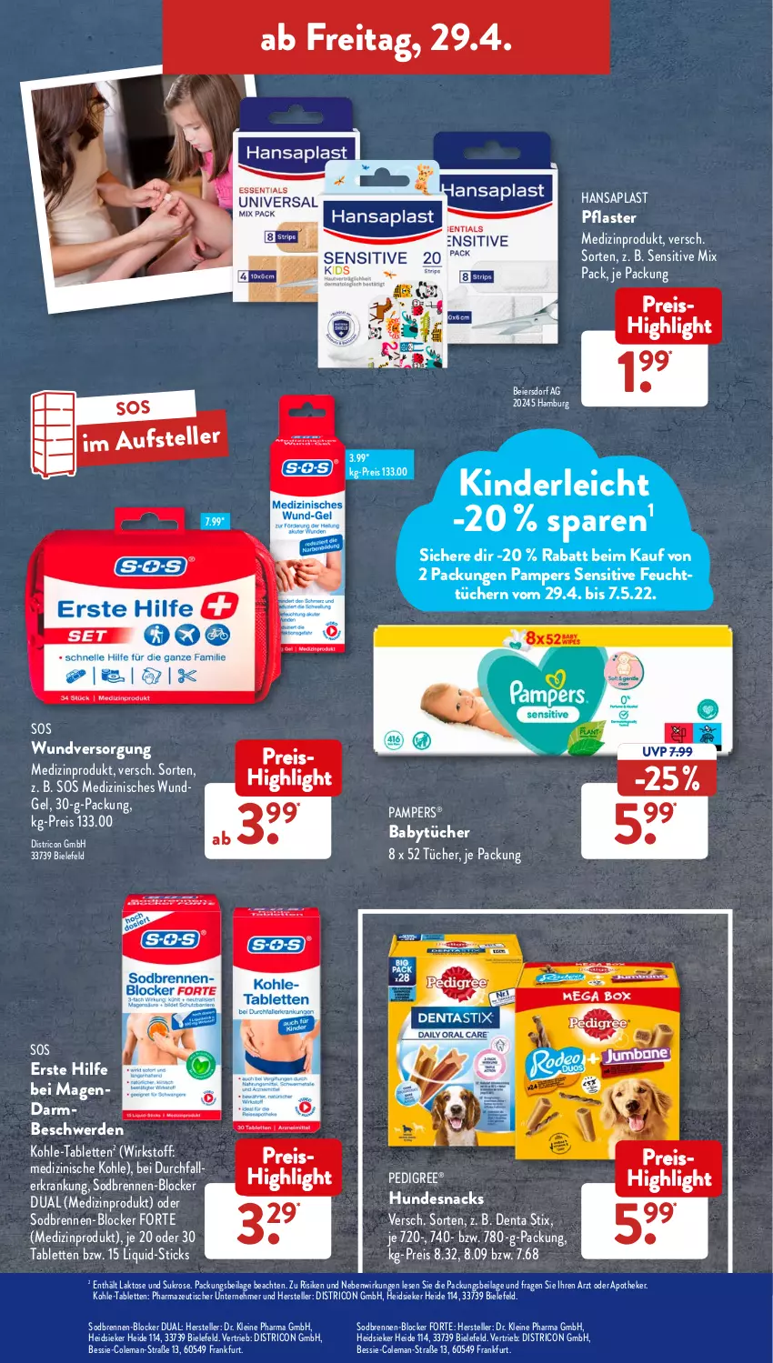 Aktueller Prospekt AldiSud - ALDI Aktuell - von 25.04 bis 30.04.2022 - strona 42 - produkty: Apotheke, eier, eis, elle, erde, feuchttücher, hansaplast, hundesnack, hundesnacks, ilag, Kinder, leine, medizinprodukt, pampers, pedigree, pflaster, reis, snack, snacks, tablet, tablett, Tablette, teller, Ti, tisch, tücher