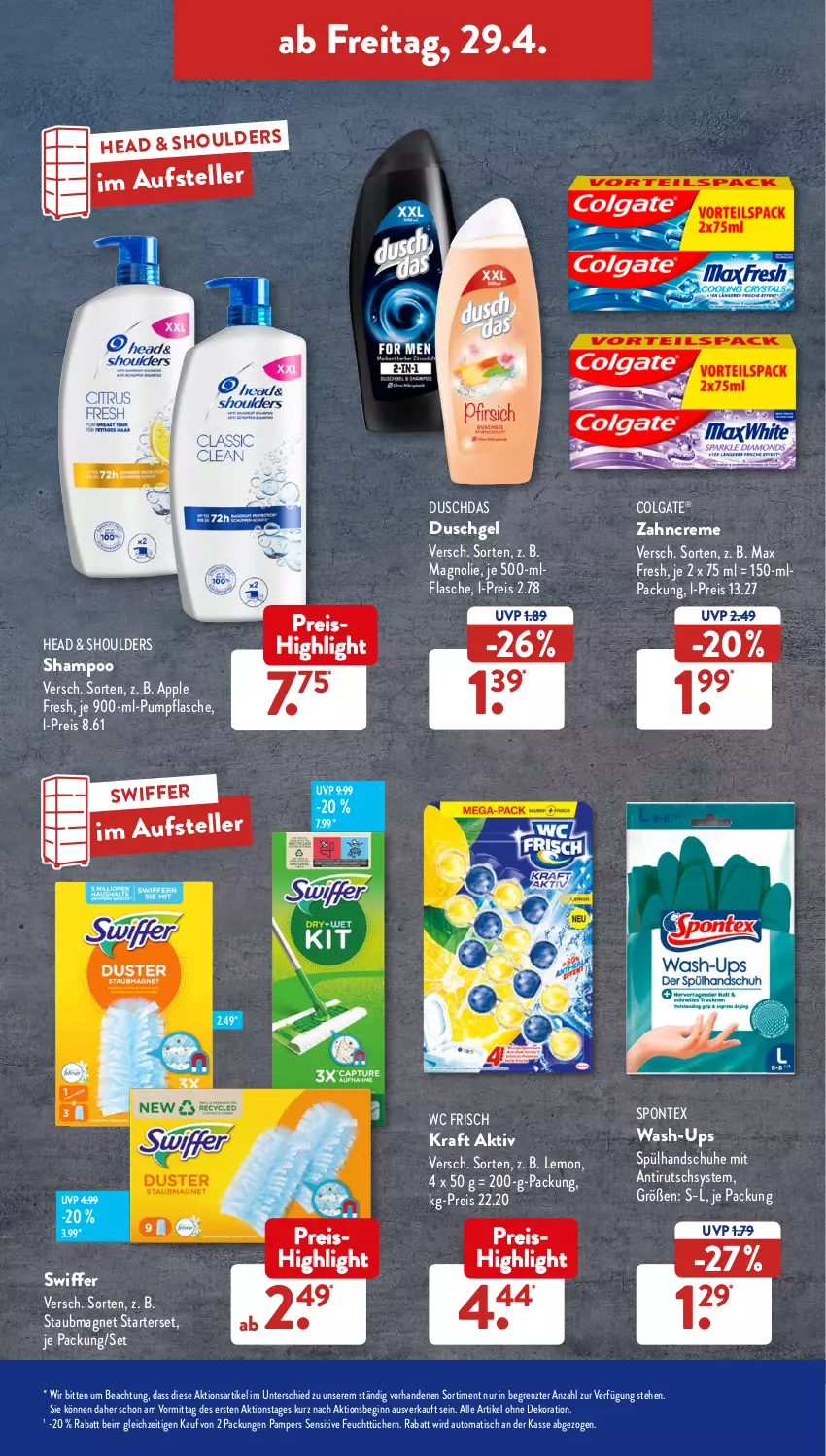 Aktueller Prospekt AldiSud - ALDI Aktuell - von 25.04 bis 30.04.2022 - strona 43 - produkty: alle artikel ohne dekoration, Apple, auto, colgate, creme, dekoration, duschdas, duschgel, eis, elle, feuchttücher, flasche, gin, handschuhe, kraft, LG, Max Fresh, pampers, reis, schuhe, shampoo, spontex, staubmagnet, swiffer, teller, Ti, tisch, tücher, wc frisch, zahncreme, ZTE