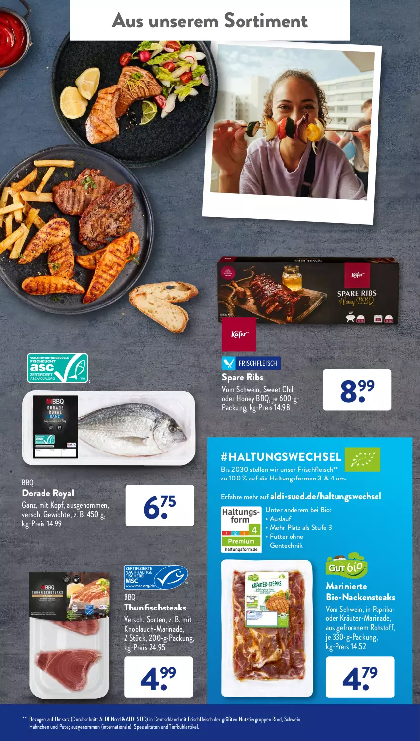 Aktueller Prospekt AldiSud - ALDI Aktuell - von 25.04 bis 30.04.2022 - strona 45 - produkty: aldi, bio, chili, Dorade, dorade royal, eis, elle, ente, fisch, fleisch, gsw, knoblauch, kräuter, marinade, mit knoblauch, Nackensteak, nackensteaks, oder kräuter, paprika, pute, reis, rind, schwein, spare ribs, Spezi, steak, steaks, thunfisch, Ti, wein