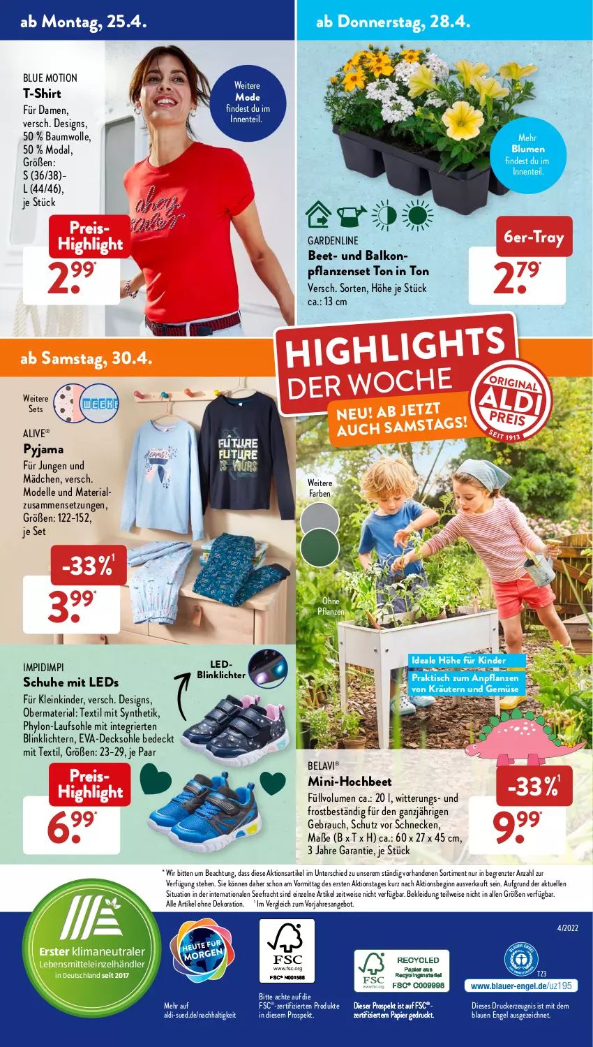 Aktueller Prospekt AldiSud - ALDI Aktuell - von 25.04 bis 30.04.2022 - strona 49 - produkty: aldi, alle artikel ohne dekoration, angebot, balkonpflanzen, Bau, baumwolle, blume, blumen, decksohle, dekoration, dell, drucker, eis, elle, Engel, ente, gin, Hylo, kerze, Kinder, kleid, Kleidung, kräuter, kräutern, lebensmittel, leds, Mode, papier, pflanze, pflanzen, Pyjama, Rauch, reis, resa, Ria, schuhe, shirt, T-Shirt, Ti, tisch, und gemüse, wolle, ZTE