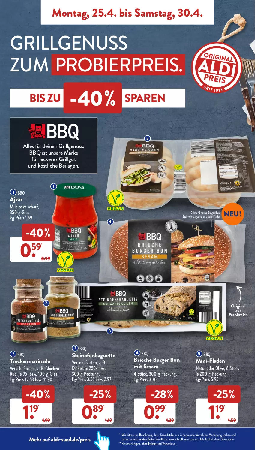 Aktueller Prospekt AldiSud - ALDI Aktuell - von 25.04 bis 30.04.2022 - strona 6 - produkty: Ajvar, aldi, alle artikel ohne dekoration, baguette, bier, burger, dekoration, eis, flasche, gin, grill, ilag, LG, marinade, natur, nuss, Ofen, olive, reis, sesam, steinofen, Ti, ZTE