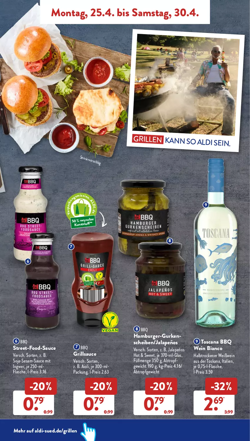 Aktueller Prospekt AldiSud - ALDI Aktuell - von 25.04 bis 30.04.2022 - strona 7 - produkty: aioli, aldi, burger, eis, flasche, grill, grillsauce, gurke, gurken, hamburger, ingwer, jalapeño, reis, sauce, sesam, soja, wein, Weißwein