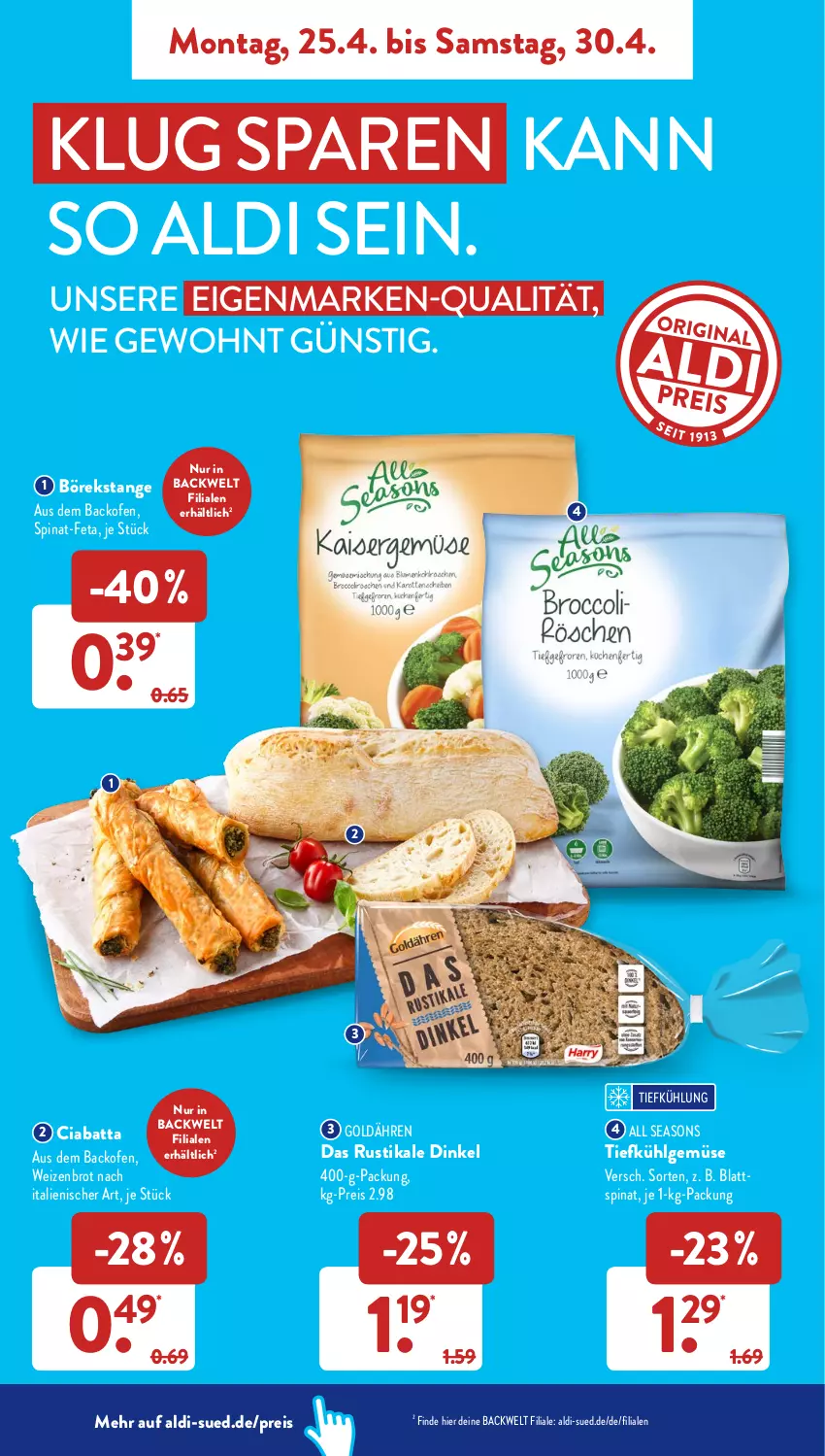 Aktueller Prospekt AldiSud - ALDI Aktuell - von 25.04 bis 30.04.2022 - strona 8 - produkty: aldi, backofen, brot, ciabatta, eis, feta, LG, Ofen, reis, spinat, Ti, Weizenbrot