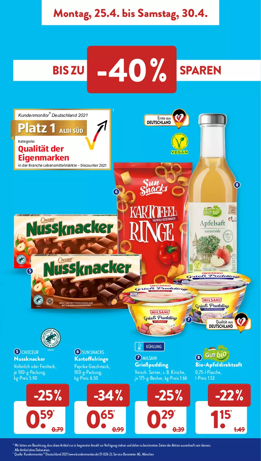 Aktueller Prospekt AldiSud - ALDI Aktuell - von 25.04 bis 30.04.2022 - strona 9 - produkty: aldi, alle artikel ohne dekoration, apfel, Apfeldirektsaft, Becher, bio, dekoration, direktsaft, discount, eis, elle, flasche, Grießpudding, kartoffel, kirsch, kirsche, knacker, lebensmittel, mac, milch, monitor, nuss, Nussknacker, paprika, pudding, reis, ring, saft, snack, snacks, Sun Snacks, Ti, vollmilch, ZTE