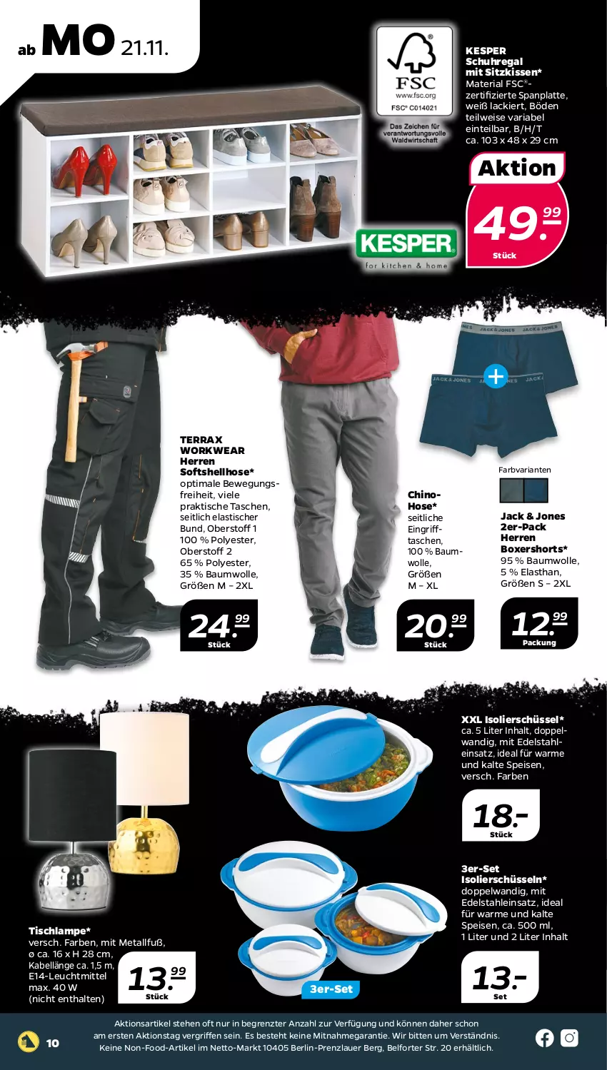 Aktueller Prospekt Netto - Woche 47 - von 21.11 bis 26.11.2022 - strona 10 - produkty: asti, auer, Bau, baumwolle, edelstahl, eis, hose, kesper, kissen, lack, Lampe, latte, leuchtmittel, regal, Ria, schuhregal, schüssel, shorts, sitzkissen, Softshellhose, Tasche, taschen, Ti, tisch, Tischlampe, uhr, wolle, ZTE