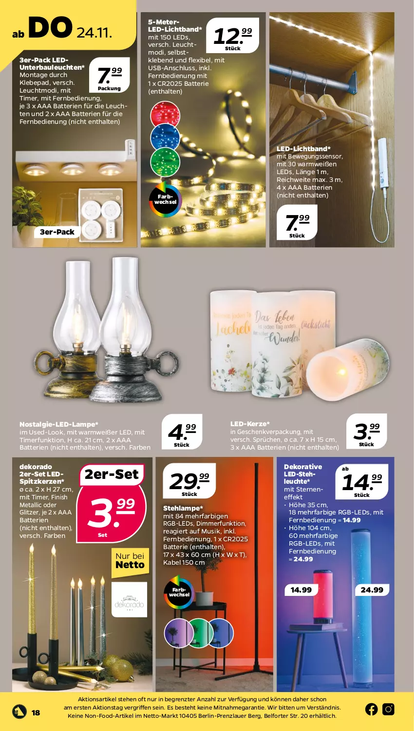 Aktueller Prospekt Netto - Woche 47 - von 21.11 bis 26.11.2022 - strona 18 - produkty: auer, batterie, batterien, Bau, Bewegungssensor, dimmer, fernbedienung, Finish, kerze, Lampe, LED-Kerze, led-licht, led-stehleuchte, leds, Leuchte, leuchten, LG, mit fernbedienung, Stehlampe, stehleuchte, Ti, timer, usb, ZTE