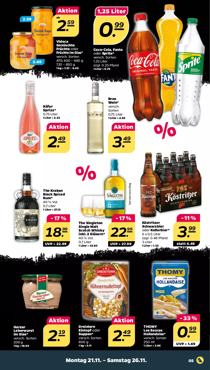 Aktueller Prospekt Netto - Woche 47 - von 21.11 bis 26.11.2022 - strona 5 - produkty: bier, bree, coca-cola, cola, dreistern, eintopf, eis, elle, fanta, fanta oder, fanta oder sprite, früchte, Gläser, hollandaise, käfer, kellerbier, köstritzer, lack, leberwurst, oder sprite, reis, rum, sauce, scotch, scotch whisky, single malt, sprite, Sprizz, suppe, suppen, thomy, thomy les sauces, Ti, topf, wein, whisky, wurst