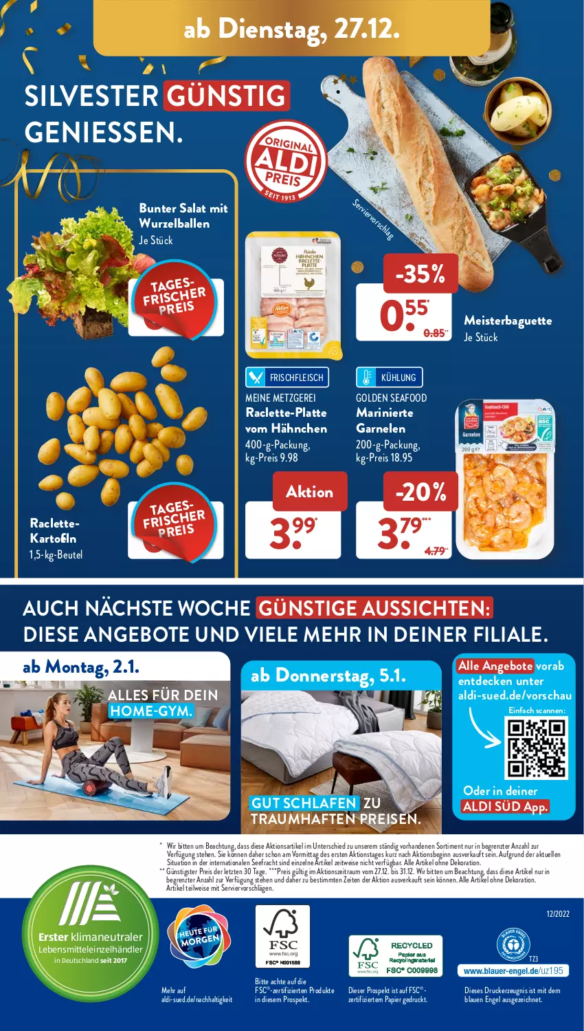 Aktueller Prospekt AldiSud - IN ZWEI WOCHEN - von 27.12 bis 31.12.2022 - strona 46 - produkty: aldi, alle artikel ohne dekoration, angebot, angebote, baguette, ball, beutel, decke, dekoration, drucker, eis, elle, Engel, fleisch, garnelen, gin, kartoffel, kartoffeln, kerze, latte, lebensmittel, Meister, papier, reis, salat, Ti, ZTE