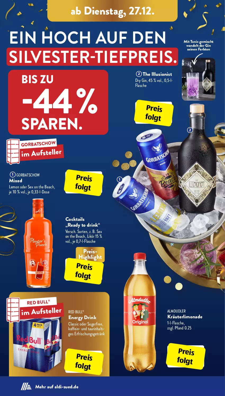 Aktueller Prospekt AldiSud - IN ZWEI WOCHEN - von 27.12 bis 31.12.2022 - strona 8 - produkty: aldi, almdudler, cocktail, cocktails, drink, dry gin, eis, elle, energy drink, erfrischungsgetränk, flasche, getränk, gin, Gorbatschow, kräuter, LG, likör, limo, limonade, red bull, reis, teller, Ti, tiefpreis, tonic