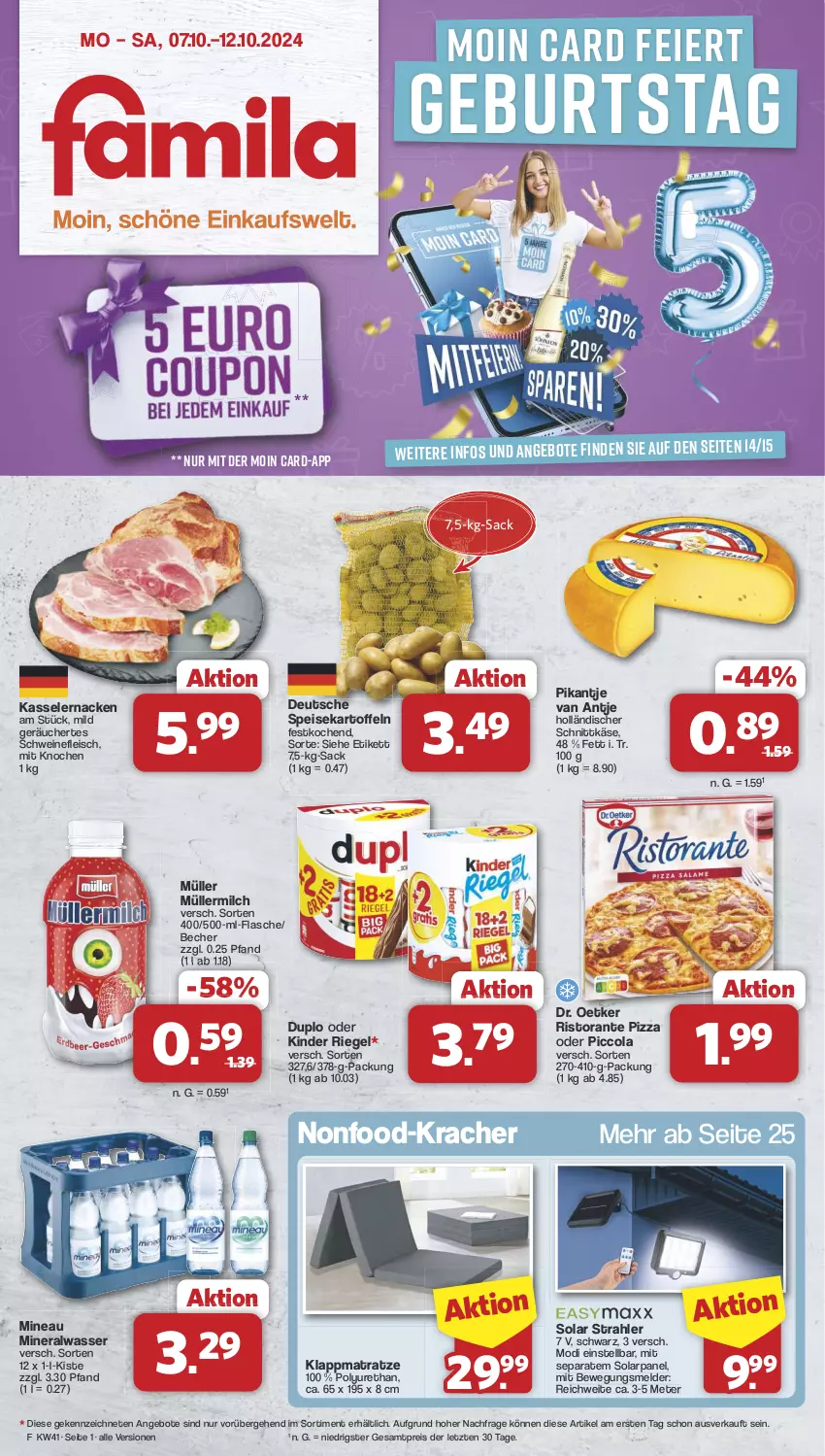 Aktueller Prospekt Famila - Prospekte - von 07.10 bis 12.10.2024 - strona 1 - produkty: Alwa, angebot, angebote, Becher, cola, Dr. Oetker, duplo, eier, eis, flasche, fleisch, holländischer schnittkäse, kartoffel, kartoffeln, Käse, kasseler, Kinder, kinder riegel, kracher, matratze, milch, mineralwasser, Müller, müllermilch, pizza, reis, riegel, ristorante, ristorante pizza, sac, schnittkäse, schwein, schweine, schweinefleisch, speisekartoffeln, Ti, wasser, wein, weine, ZTE