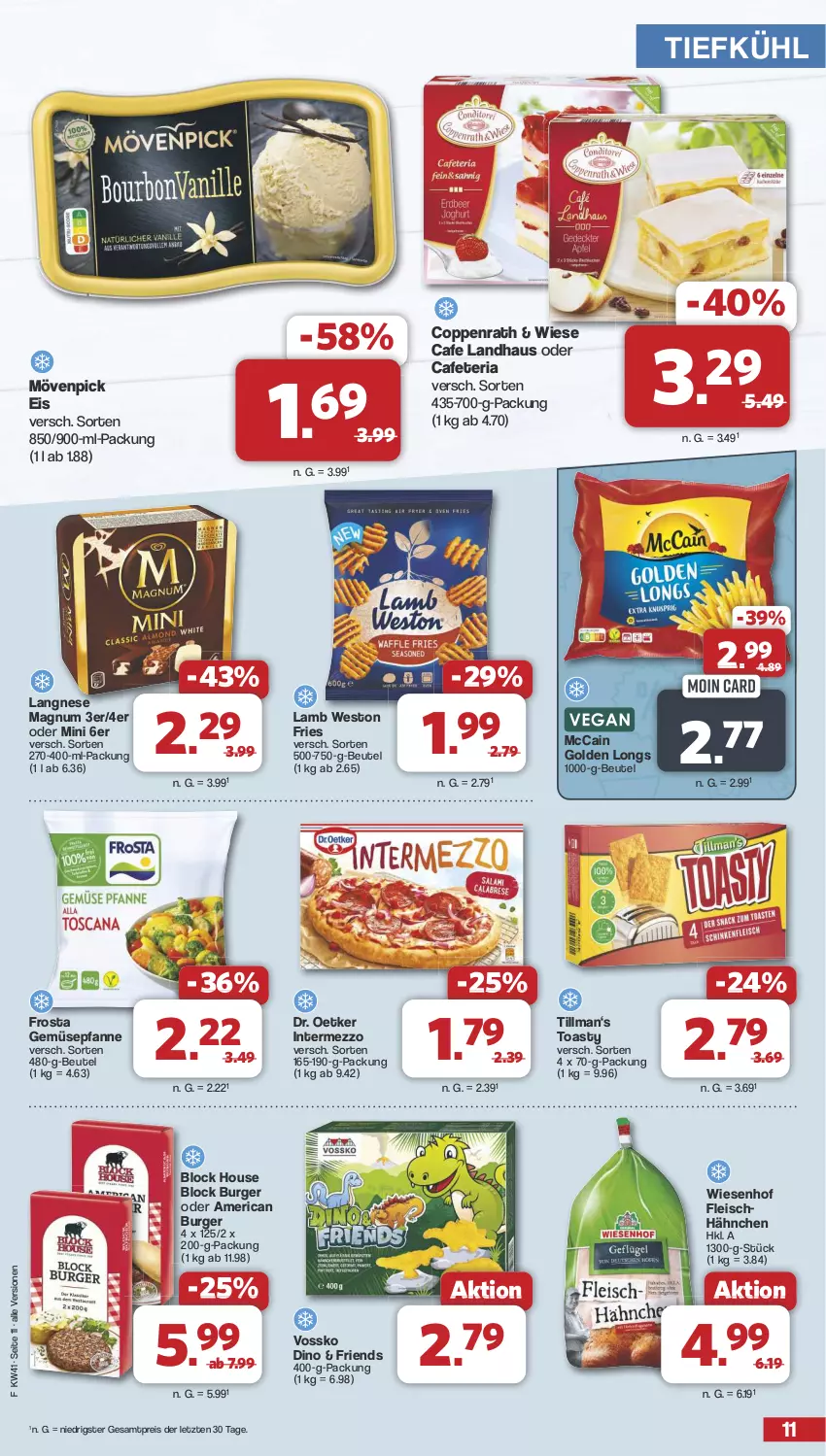 Aktueller Prospekt Famila - Prospekte - von 07.10 bis 12.10.2024 - strona 11 - produkty: beutel, burger, coppenrath, Dr. Oetker, eis, fleisch, frosta, Golden Longs, intermezzo, langnese, magnum, mccain, mövenpick, mövenpick eis, pfanne, reis, Ria, Ti, toast, toasty, vossko, wiesenhof, ZTE