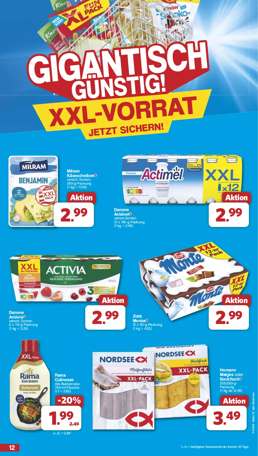 Aktueller Prospekt Famila - Prospekte - von 07.10 bis 12.10.2024 - strona 12 - produkty: actimel, activia, backfisch, butter, culinesse, danone, danone activia, eis, fisch, flasche, homann, Käse, käsescheiben, matjes, milram, monte, rama, Rama Culinesse, reis, Ti, zott, Zott Monte, ZTE