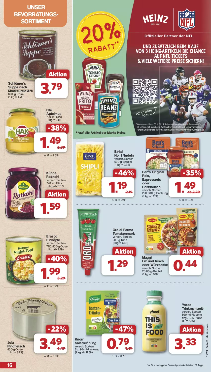 Aktueller Prospekt Famila - Prospekte - von 07.10 bis 12.10.2024 - strona 16 - produkty: apfel, apfelmus, beutel, birkel, eintöpfe, eis, erasco, flasche, fleisch, gewinnspiel, gin, heinz, knorr, Kühne, maggi, maggi fix, nudel, nudeln, oro di parma, reis, reiss, rind, rindfleisch, rotkohl, salat, salatkrönung, sauce, saucen, suppe, Ti, tomate, tomaten, tomatenmark, ZTE