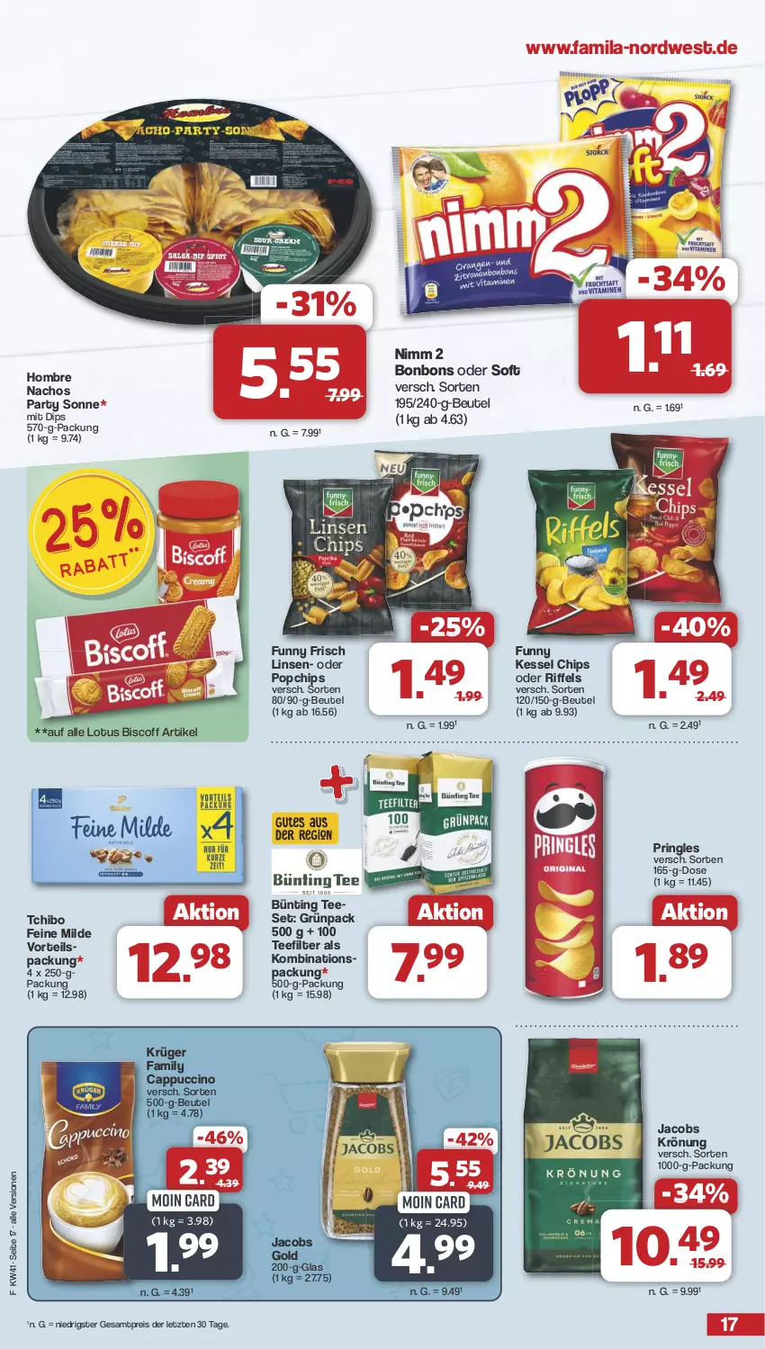 Aktueller Prospekt Famila - Prospekte - von 07.10 bis 12.10.2024 - strona 17 - produkty: beutel, biscoff, bonbons, bünting tee, Cap, cappuccino, chips, cin, dip, eis, Funny Frisch, jacobs, Jacobs Gold, jacobs krönung, krüger, linsen, nacho, Nachos, Nimm 2, pringles, reis, ring, Tchibo, tee, Ti, ZTE