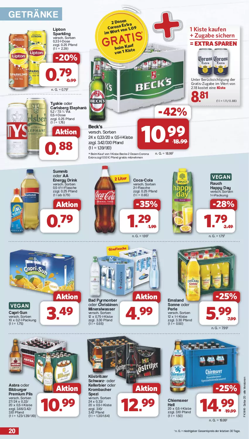 Aktueller Prospekt Famila - Prospekte - von 07.10 bis 12.10.2024 - strona 20 - produkty: Alwa, Astra, Bad, becks, bier, bitburger, burger, Cap, capri-sun, carlsberg, coca-cola, cola, corona, corona extra, drink, eis, elle, energy drink, flasche, getränk, getränke, glasflasche, Happy Day, kellerbier, köstritzer, krombache, krombacher, lipton, mineralwasser, monte, pils, premium pils, Rauch, reis, Spezi, Ti, tyskie, wasser, ZTE