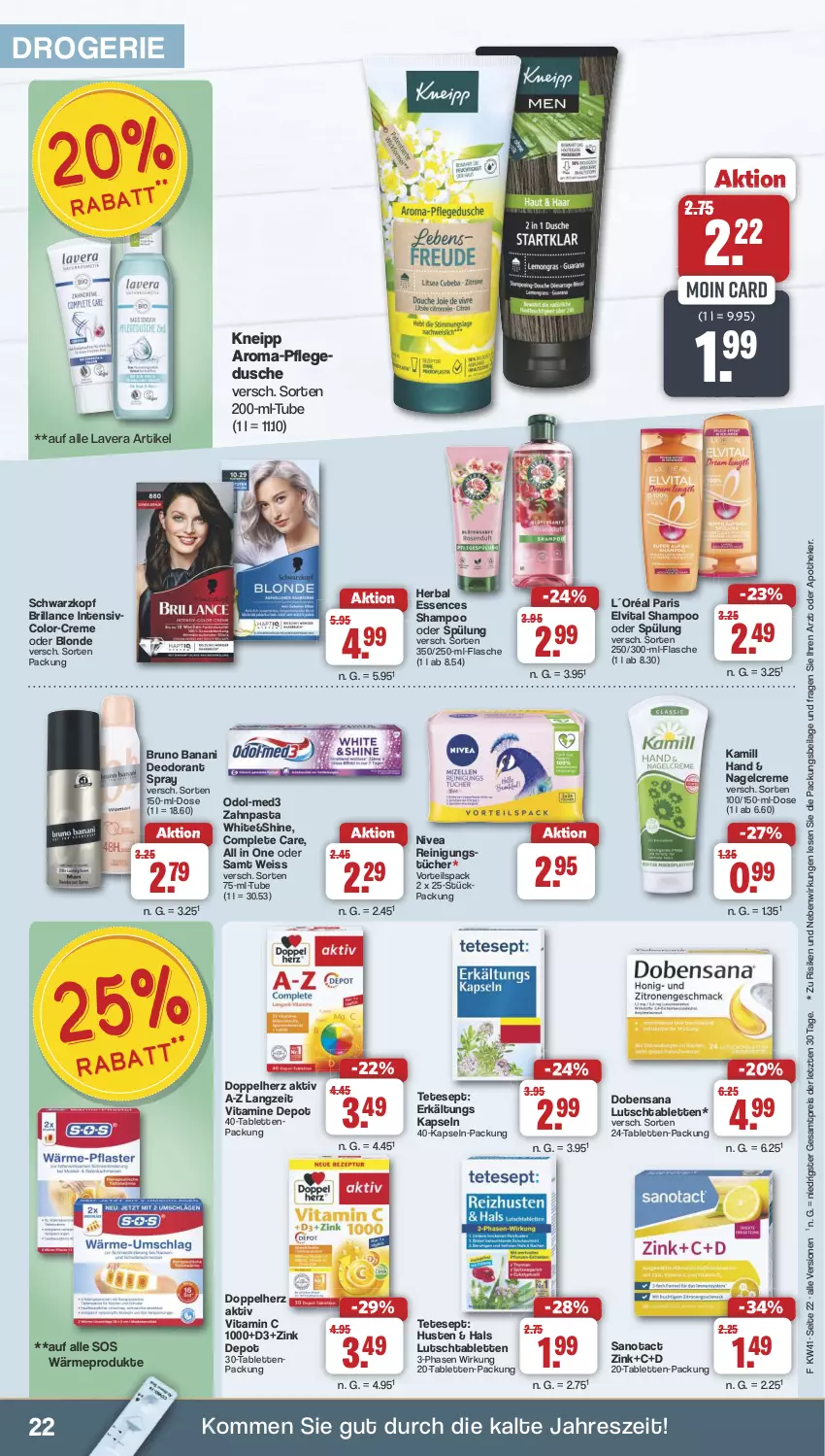 Aktueller Prospekt Famila - Prospekte - von 07.10 bis 12.10.2024 - strona 22 - produkty: Apotheke, brillance, bruno banani, creme, deo, deodorant, doppelherz, dusche, eis, elvital, Erkältungs, flasche, ilag, Kamill, kneipp, L´Oréal, lavera, nivea, Odol, pasta, pflegedusche, Reinigung, reinigungstücher, reis, sana, schwarzkop, schwarzkopf, shampoo, shampoo oder spülung, spülung, tablet, tablett, Tablette, Ti, tücher, vita, Vitamin C, Vitamine, zahnpasta, ZTE