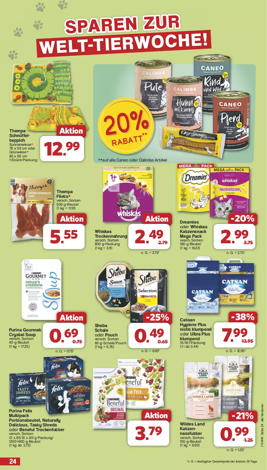 Aktueller Prospekt Famila - Prospekte - von 07.10 bis 12.10.2024 - strona 24 - produkty: beutel, catsan, dreamies, eis, felix, filet, filets, katzensnack, nassfutter, natur, natura, portionsbeutel, purina, reis, Schal, Schale, sheba, snack, teppich, Ti, trockenfutter, Trockennahrung, whiskas, Wild, ZTE