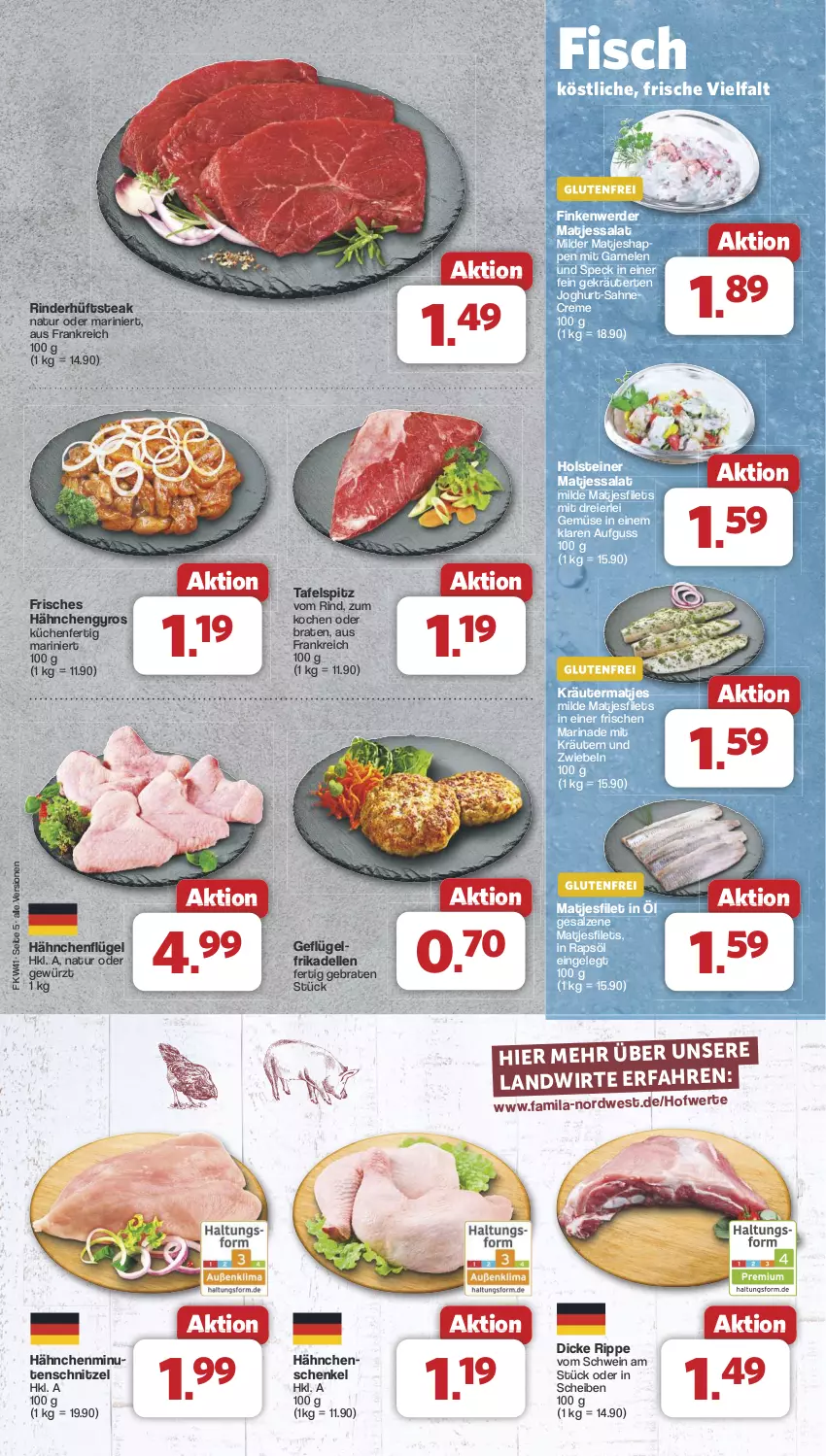 Aktueller Prospekt Famila - Prospekte - von 07.10 bis 12.10.2024 - strona 5 - produkty: braten, creme, dell, eier, elle, erde, filet, filets, fisch, frikadellen, garnelen, Geflügel, gewürz, gyros, hähnchenflügel, Hähnchengyros, hähnchenschenkel, henkel, holsteiner, hüftsteak, joghur, joghurt, kräuter, kräutern, küche, Küchen, marinade, matjes, Matjesfilet, matjesfilets, natur, rapsöl, rind, rinder, sahne, salat, salz, schenkel, schnitzel, schwein, Speck, steak, steiner, tafelspitz, Ti, wein, zwiebel, zwiebeln