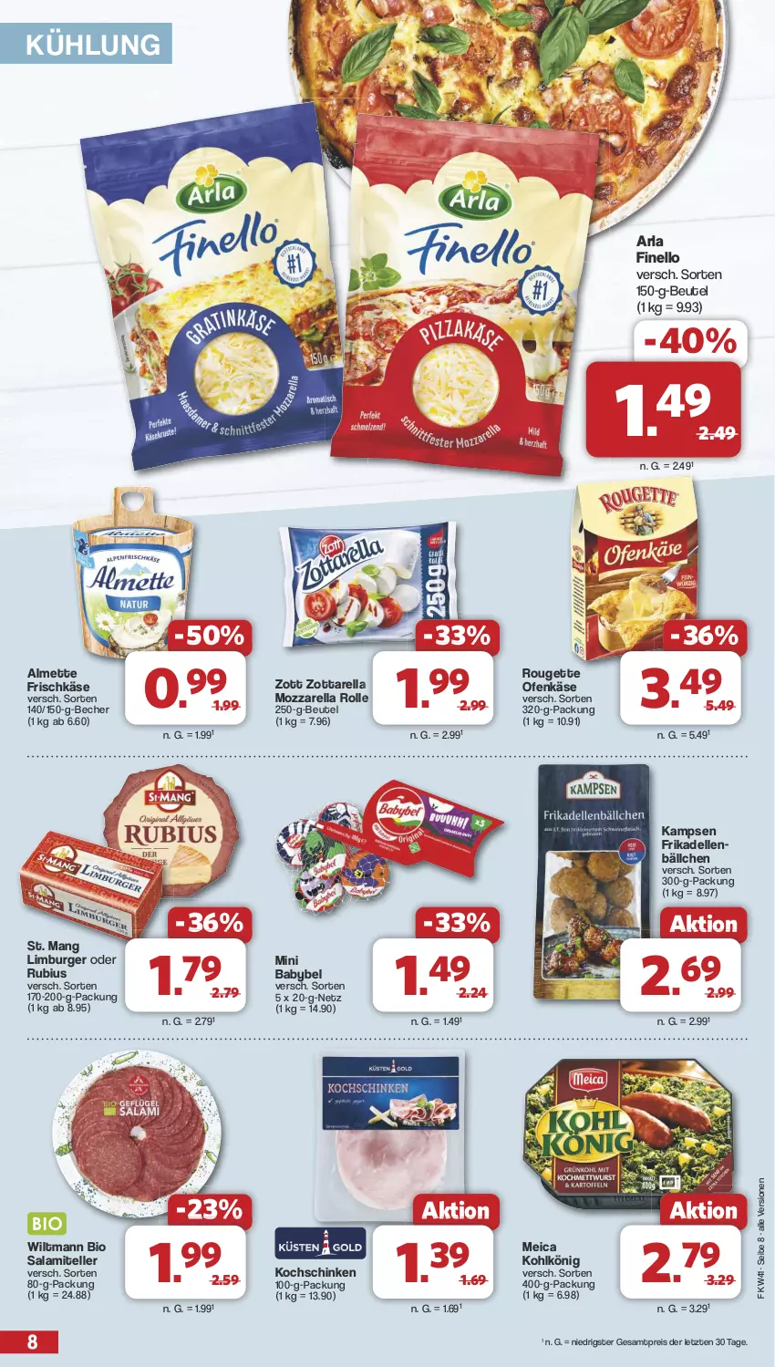 Aktueller Prospekt Famila - Prospekte - von 07.10 bis 12.10.2024 - strona 8 - produkty: almette, arla, babybel, Becher, beutel, bio, burger, dell, eis, elle, finello, frikadellen, frischkäse, Käse, kochschinken, Limburger, meica, Mett, mini babybel, mozzarella, mozzarella rolle, Ofen, Ofenkäse, reis, rel, rouge, rougette, Rubius, salami, schinken, St. Mang, teller, Ti, wiltmann, zott, zottarella, ZTE