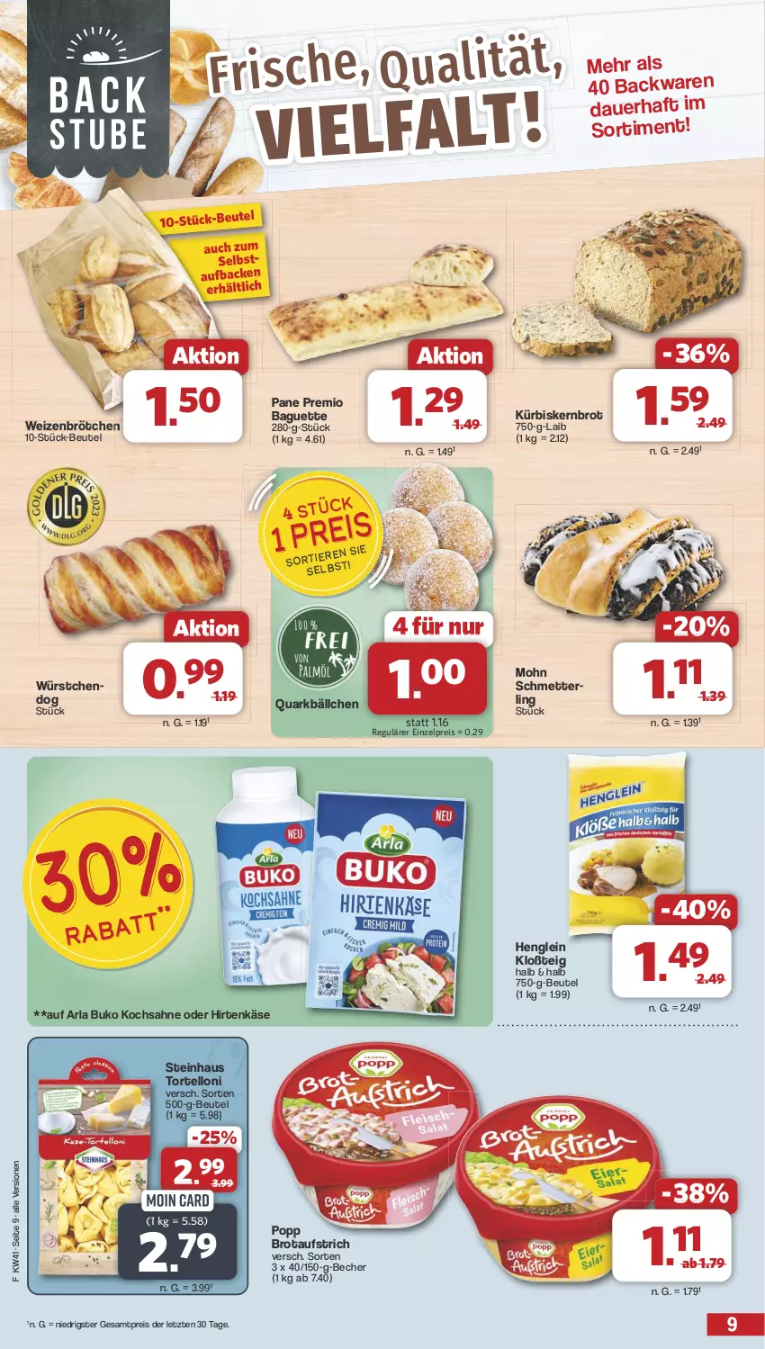 Aktueller Prospekt Famila - Prospekte - von 07.10 bis 12.10.2024 - strona 9 - produkty: arla, arla buko, auer, aufstrich, backwaren, baguette, Becher, beutel, brot, brotaufstrich, brötchen, Buko, eis, henglein, hirtenkäse, Käse, Kürbis, Mett, Popp, quark, reis, sahne, Schmetterling, steinhaus, Ti, torte, tortelloni, weizenbrötchen, würstchen, ZTE