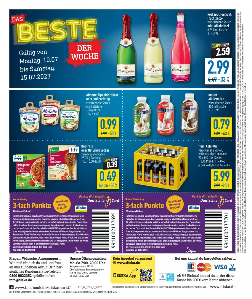 Aktueller Prospekt Diska - Prospekte - von 10.07 bis 15.07.2023 - strona 12 - produkty: alkohol, almette, bolognese, buch, cola, coupon, deutschland card, deutschlandcard, ecco, eis, elle, erde, flasche, frucht, fruchtsecco, gutschein, knorr, kraft, limo, limonade, Mett, milch, reis, rotkäppchen, sekt, Sushi, tee, telefon, Ti, tisch, ZTE