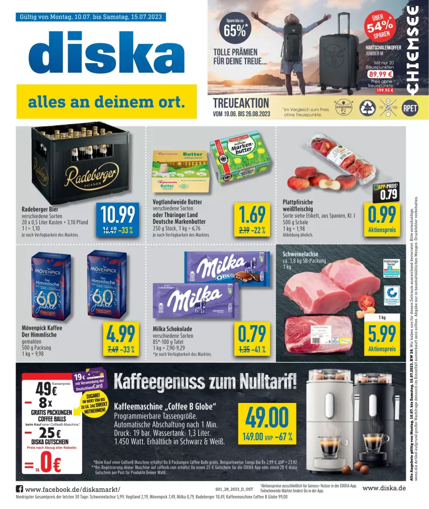 Aktueller Prospekt Diska - Prospekte - von 10.07 bis 15.07.2023 - strona 15 - produkty: aktionspreis, angebot, angebote, auto, ball, Berger, bier, bio, butter, deka, eis, ente, fleisch, gutschein, kaffee, kaffeemaschine, lachs, lungo, markenbutter, milka, milka schokolade, mövenpick, mövenpick kaffee, nuss, pfirsich, pfirsiche, plattpfirsiche, radeberger, reis, ring, Schal, Schale, schoko, schokolade, schwein, schweine, Schweinelachs, tasse, Ti, tisch, wasser, wassertank, wein, weine, ZTE