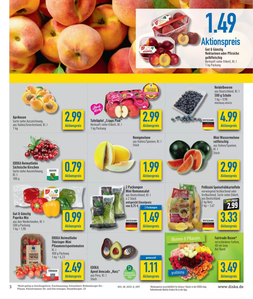 Aktueller Prospekt Diska - Prospekte - von 10.07 bis 15.07.2023 - strona 17 - produkty: aktionspreis, aprikose, aprikosen, avocado, beere, beeren, burger, deka, eis, fisch, fleisch, Frühkartoffeln, heidelbeere, heidelbeeren, honig, honigmelone, kartoffel, kartoffeln, kirsch, kirsche, kirschen, melone, Nektar, nektarinen, nektarinen oder, nuss, oder pfirsiche, paprika, paprika mix, pfirsich, pfirsiche, pflaume, pflaumen, reis, ring, rispentomaten, Romanasalat, rosen, sac, salat, Schal, Schale, speisefrühkartoffeln, tafeläpfel, Ti, tomate, tomaten, wasser, wassermelone