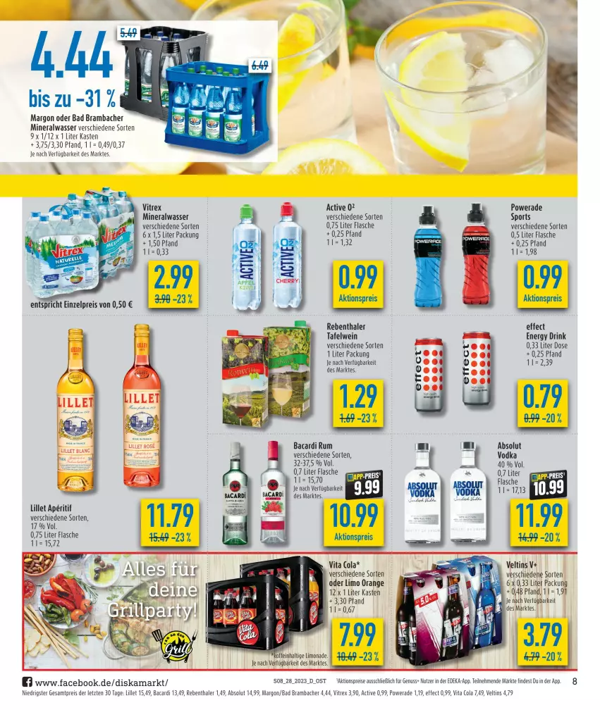 Aktueller Prospekt Diska - Prospekte - von 10.07 bis 15.07.2023 - strona 22 - produkty: aktionspreis, Alwa, aperitif, bacardi, bacardi rum, Bad, cola, deka, drink, Effect, eis, energy drink, flasche, lillet, limo, mineralwasser, nuss, orange, reis, rum, Sport, Ti, veltins, vita, Vita C, vitrex, vodka, wasser, wein, ZTE