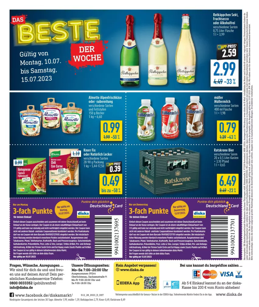 Aktueller Prospekt Diska - Prospekte - von 10.07 bis 15.07.2023 - strona 26 - produkty: aktionspreis, alkohol, almette, angebot, angebote, Astra, bier, buch, coupon, deka, ecco, eier, eis, elle, ente, erde, flasche, frucht, fruchtsecco, gutschein, knorr, kraft, krone, Mett, milch, Müller, müllermilch, nuss, reis, ring, rotkäppchen, sac, sekt, Sushi, tee, telefon, teller, Ti, uhr, Yo, ZTE