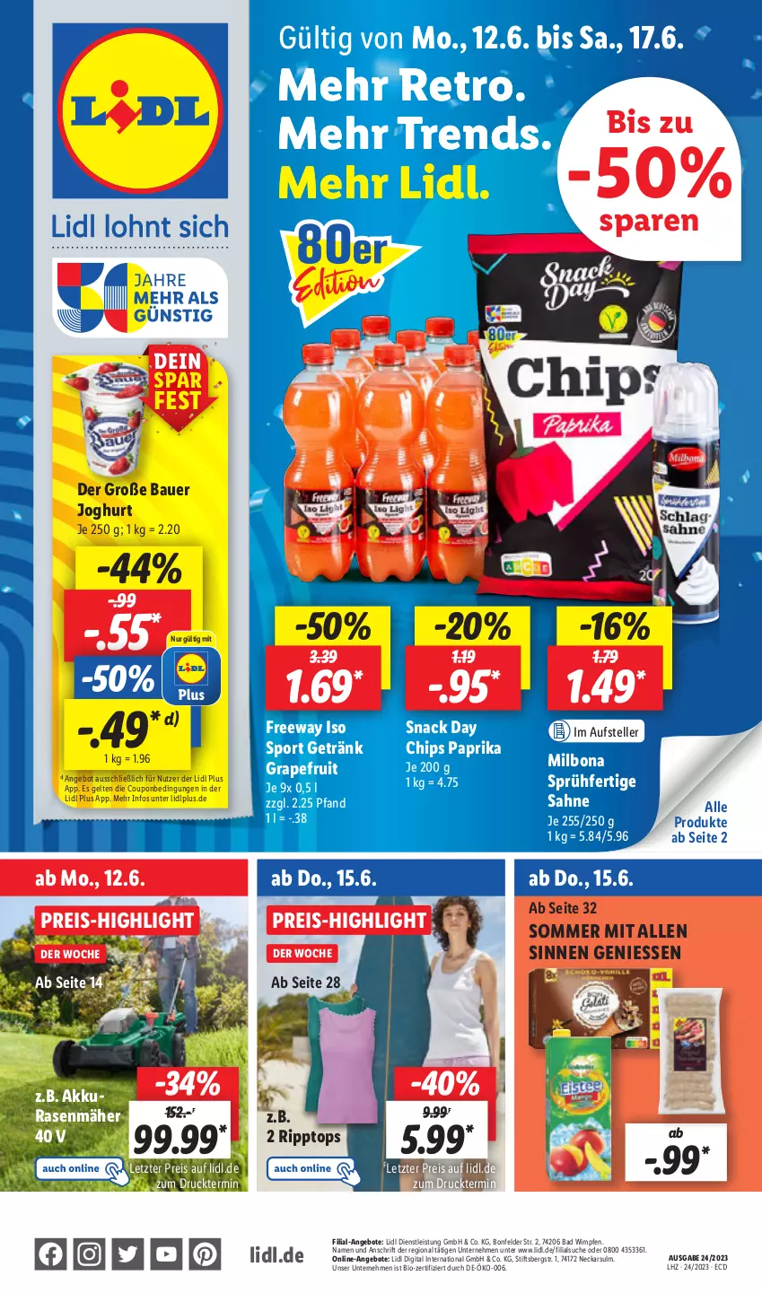 Aktueller Prospekt Lidl - Aktionsprospekt - von 12.06 bis 17.06.2023 - strona 1 - produkty: akku, angebot, angebote, auer, Bad, Bau, Bauer, bio, Bona, chips, coupon, eis, elle, getränk, grapefruit, joghur, joghurt, Milbona, paprika, rasen, rasenmäher, reis, sahne, snack, Sport, teller, Ti, ZTE