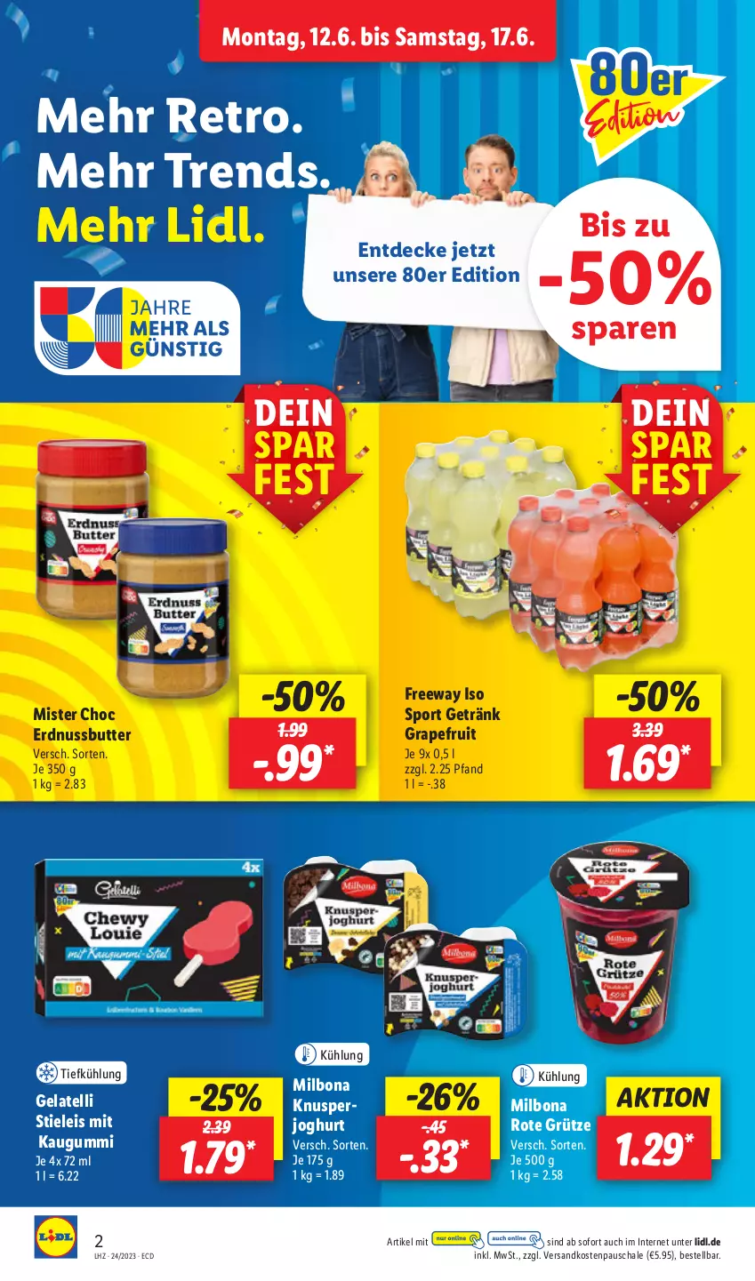 Aktueller Prospekt Lidl - Aktionsprospekt - von 12.06 bis 17.06.2023 - strona 2 - produkty: Bona, butter, decke, eis, erdnuss, Erdnussbutter, Gelatelli, getränk, grapefruit, grütze, joghur, joghurt, kaugummi, Milbona, ndk, nuss, Rote Grütze, Schal, Schale, Sport, stieleis, Ti