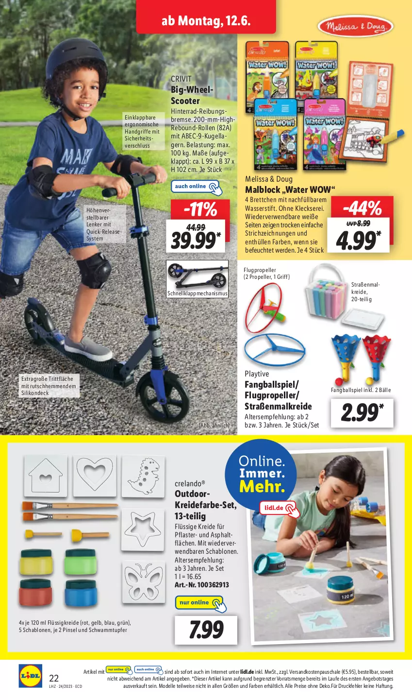 Aktueller Prospekt Lidl - Aktionsprospekt - von 12.06 bis 17.06.2023 - strona 24 - produkty: angebot, ball, Brettchen, crivit, dell, eis, Elan, elle, erde, Kreide, Kugel, Malblock, Mode, ndk, pflaster, Pinsel, reis, rel, rwe, Schal, Schale, schwamm, scooter, Ti, wasser, ZTE