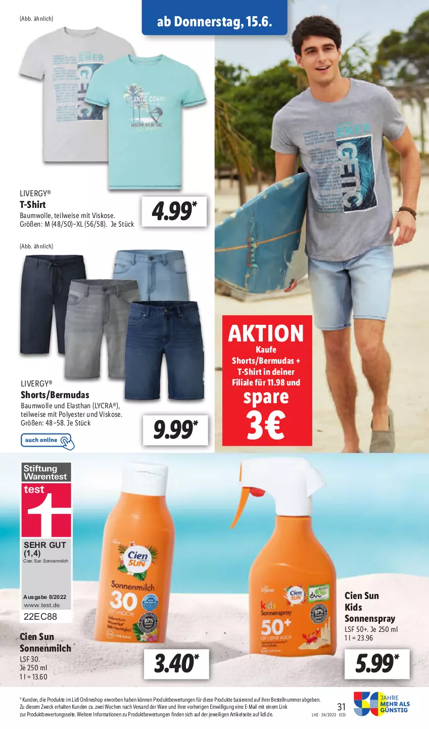 Aktueller Prospekt Lidl - Aktionsprospekt - von 12.06 bis 17.06.2023 - strona 39 - produkty: Bau, baumwolle, bermuda, bermudas, Cien, eis, jeans, livergy, milch, shirt, shorts, sonnenmilch, sonnenspray, T-Shirt, Ti, weck, wolle