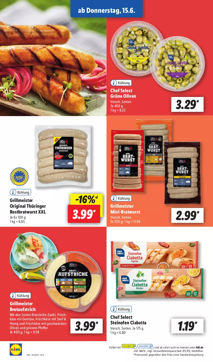 Aktueller Prospekt Lidl - Aktionsprospekt - von 12.06 bis 17.06.2023 - strona 44 - produkty: aufstrich, bratwurst, brot, brotaufstrich, ciabatta, eis, frischkäse, gin, grill, grüne oliven, honig, Käse, Meister, mit gemüse, ndk, Ofen, olive, oliven, original thüringer, pfeffer, preisvorteil, reis, ring, rostbratwurst, Schal, Schale, senf, steinofen, thüringer rostbratwurst, Ti, wurst, zaziki, ZTE