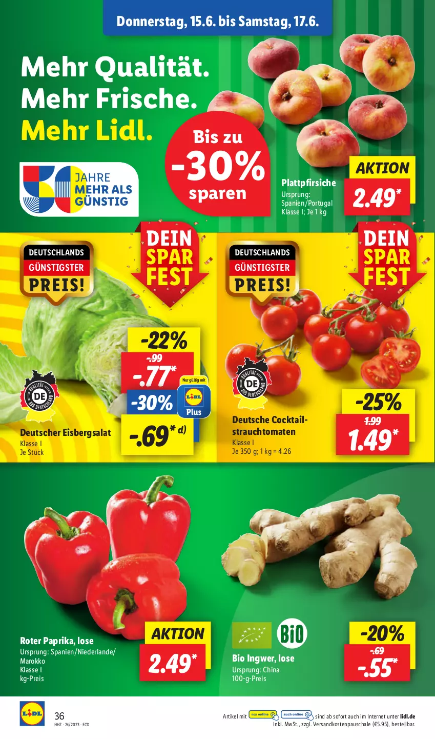 Aktueller Prospekt Lidl - Aktionsprospekt - von 12.06 bis 17.06.2023 - strona 48 - produkty: bio, cocktail, cocktails, eis, eisbergsalat, ingwer, ndk, paprika, pfirsich, pfirsiche, Rauch, reis, salat, Schal, Schale, strauchtomaten, Ti, tomate, tomaten