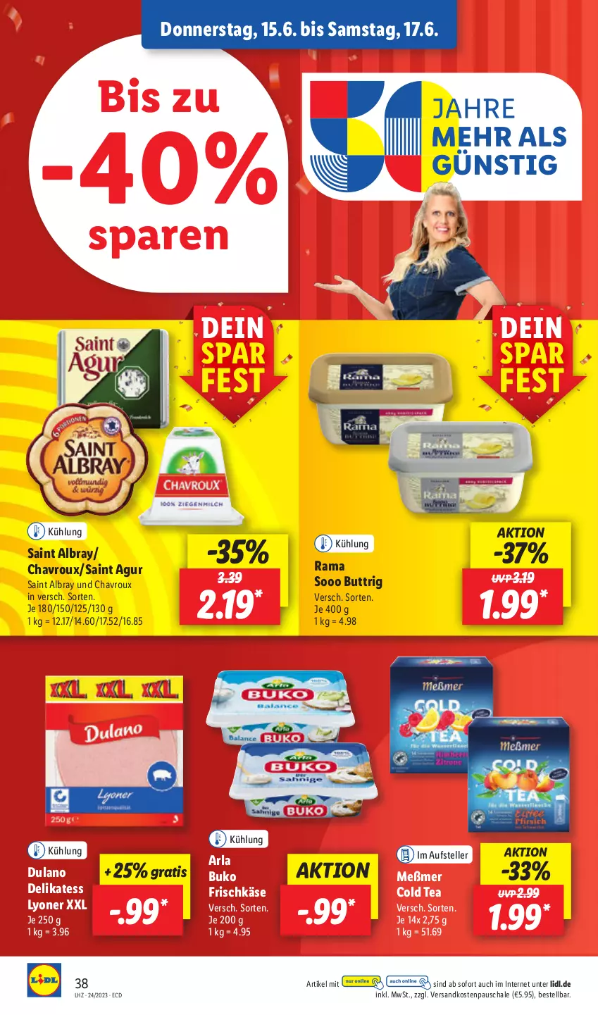 Aktueller Prospekt Lidl - Aktionsprospekt - von 12.06 bis 17.06.2023 - strona 50 - produkty: albray, arla, arla buko, Buko, chavroux, dulano, elle, frischkäse, Käse, lyoner, Meßmer, ndk, rama, Saint Agur, saint albray, Schal, Schale, teller, Ti, Yo