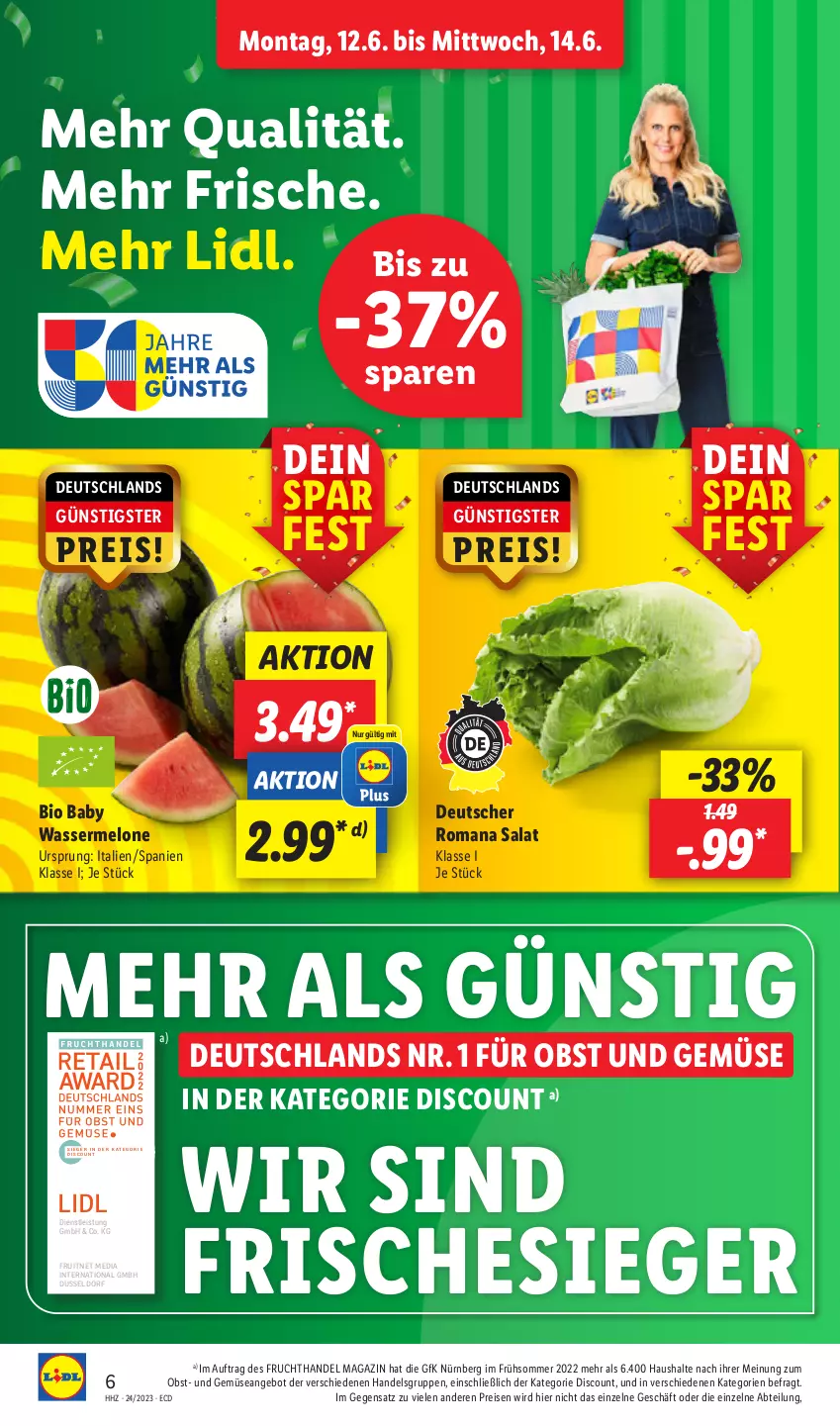 Aktueller Prospekt Lidl - Aktionsprospekt - von 12.06 bis 17.06.2023 - strona 8 - produkty: Abtei, angebot, bio, discount, eis, ente, frucht, magazin, melone, obst, Obst und Gemüse, reis, salat, Ti, und gemüse, wasser, wassermelone