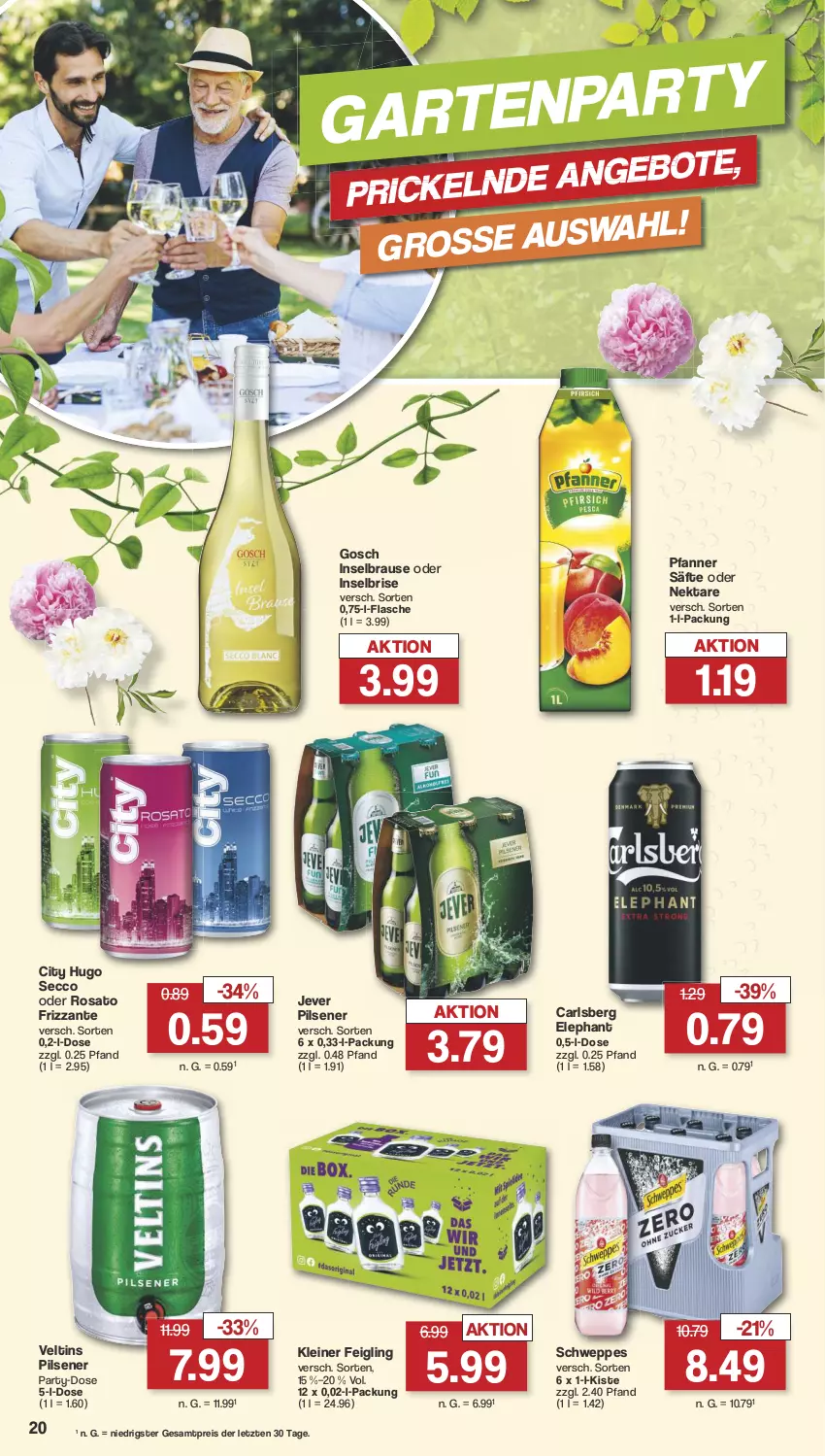 Aktueller Prospekt Famila - Prospekte - von 13.05 bis 18.05.2024 - strona 20 - produkty: brause, carlsberg, ecco, eis, flasche, frizzante, hugo, jever, jever pilsener, kleiner feigling, leine, Nektar, pfanne, Pfanner, pils, pilsener, reis, rosato, säfte, schweppes, Ti, veltins, veltins pilsener, ZTE