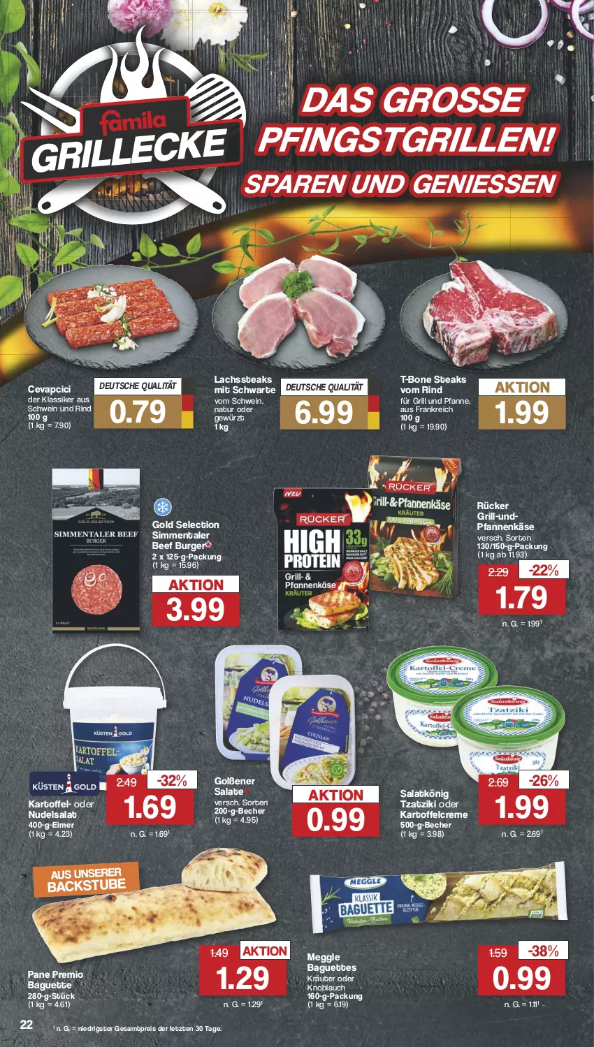 Aktueller Prospekt Famila - Prospekte - von 13.05 bis 18.05.2024 - strona 22 - produkty: baguette, baguettes, Becher, beef, burger, cevapcici, creme, eimer, eis, für grill und pfanne, gewürz, grill, grill und pfanne, kartoffel, Käse, knoblauch, kräuter, lachs, meggle, natur, nudel, nudelsalat, pfanne, pfannen, pfannenkäse, reis, rind, salat, salate, schwein, schwein und rind, sim, steak, steaks, stube, T-Bone Steak, Ti, tzatziki, und pfanne, wein, ZTE