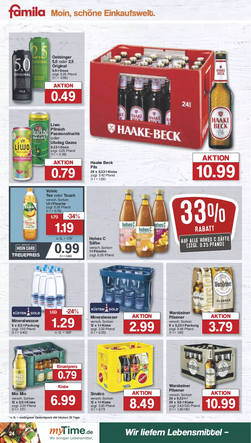 Aktueller Prospekt Famila - Prospekte - von 13.05 bis 18.05.2024 - strona 24 - produkty: Alwa, eis, flasche, frucht, gin, Hohes C, lebensmittel, mineralwasser, Mio Mio, oettinger, passionsfrucht, pfirsich, pils, pilsener, reis, säfte, sinalco, steiner, tee, Ti, volvic, warsteiner, wasser, ZTE