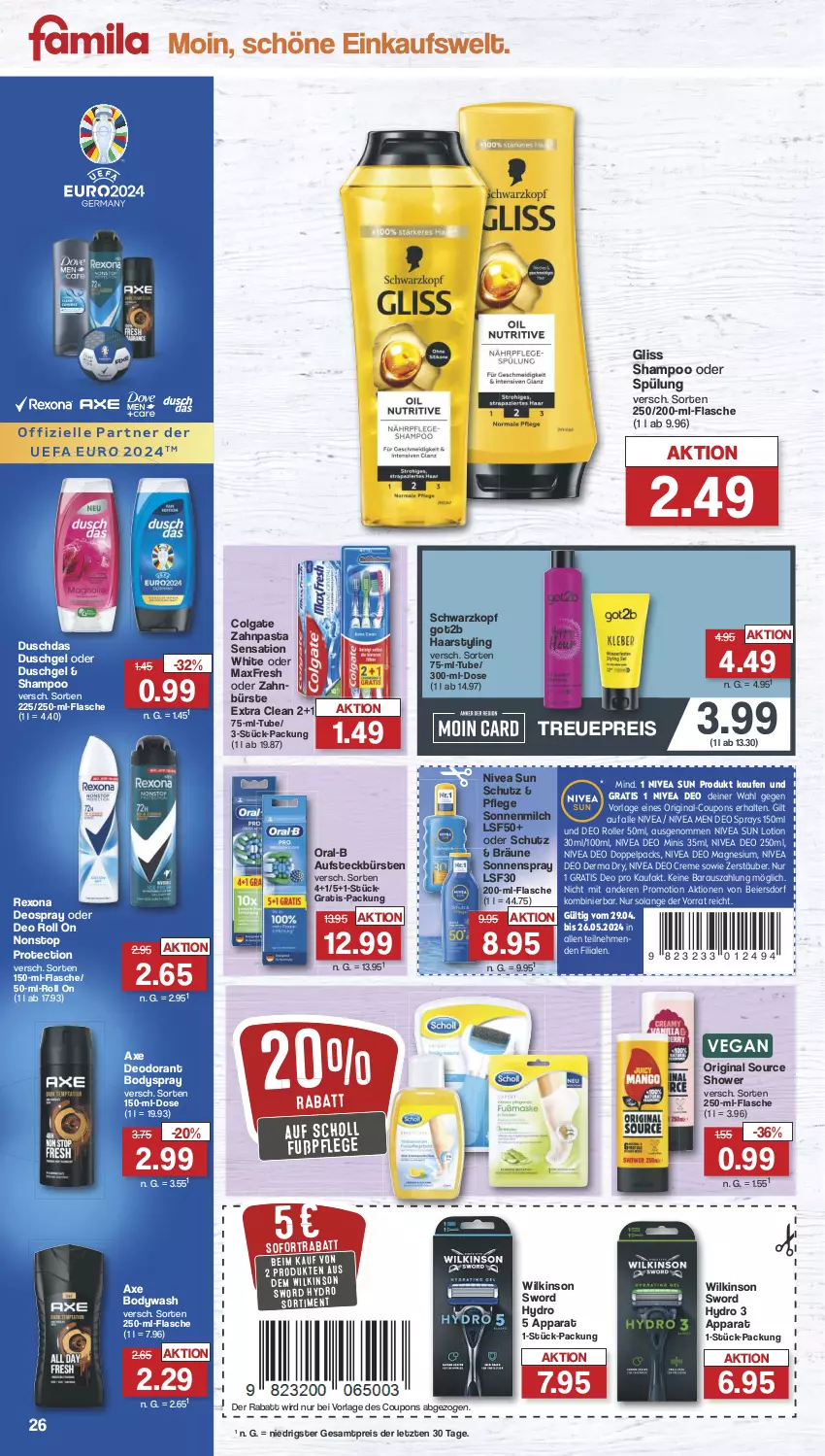 Aktueller Prospekt Famila - Prospekte - von 13.05 bis 18.05.2024 - strona 26 - produkty: aufsteckbürsten, axe, body, bodyspray, bürste, bürsten, colgate, coupon, coupons, creme, deo, deo spray, deodorant, deospray, duschdas, duschgel, eier, eis, elle, flasche, gin, gliss, got2b, LG, Lotion, magnesium, milch, nivea, Nivea Men, nivea sun, oral-b, pasta, reis, rexona, Roller, scholl, schwarzkop, schwarzkopf, shampoo, shampoo oder spülung, sofortrabatt, sonnenmilch, sonnenspray, spülung, Sun Lotion, Ti, wilkinson, zahnbürste, zahnpasta, ZTE