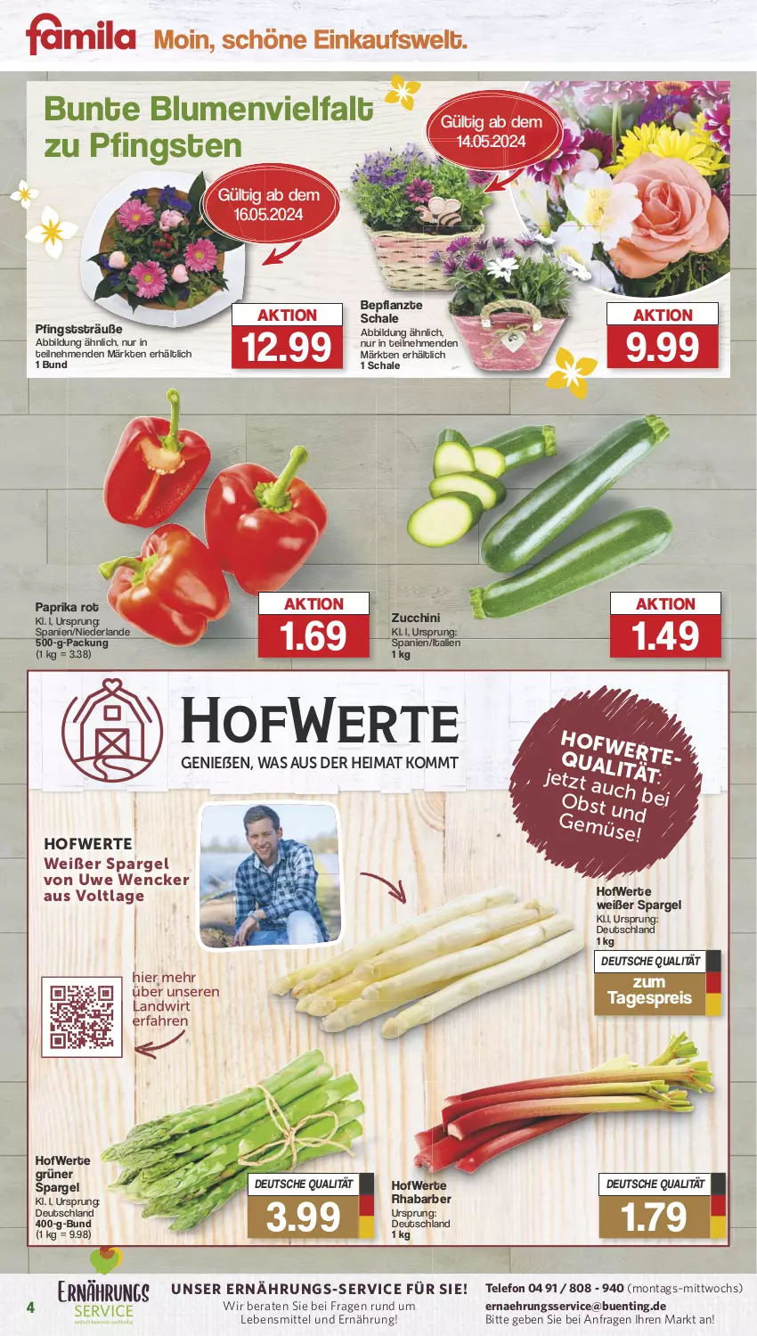 Aktueller Prospekt Famila - Prospekte - von 13.05 bis 18.05.2024 - strona 4 - produkty: blume, blumen, eis, grüner spargel, lebensmittel, obst, paprika, paprika rot, reis, rhabarber, Schal, Schale, spargel, telefon, Ti, ZTE, zucchini